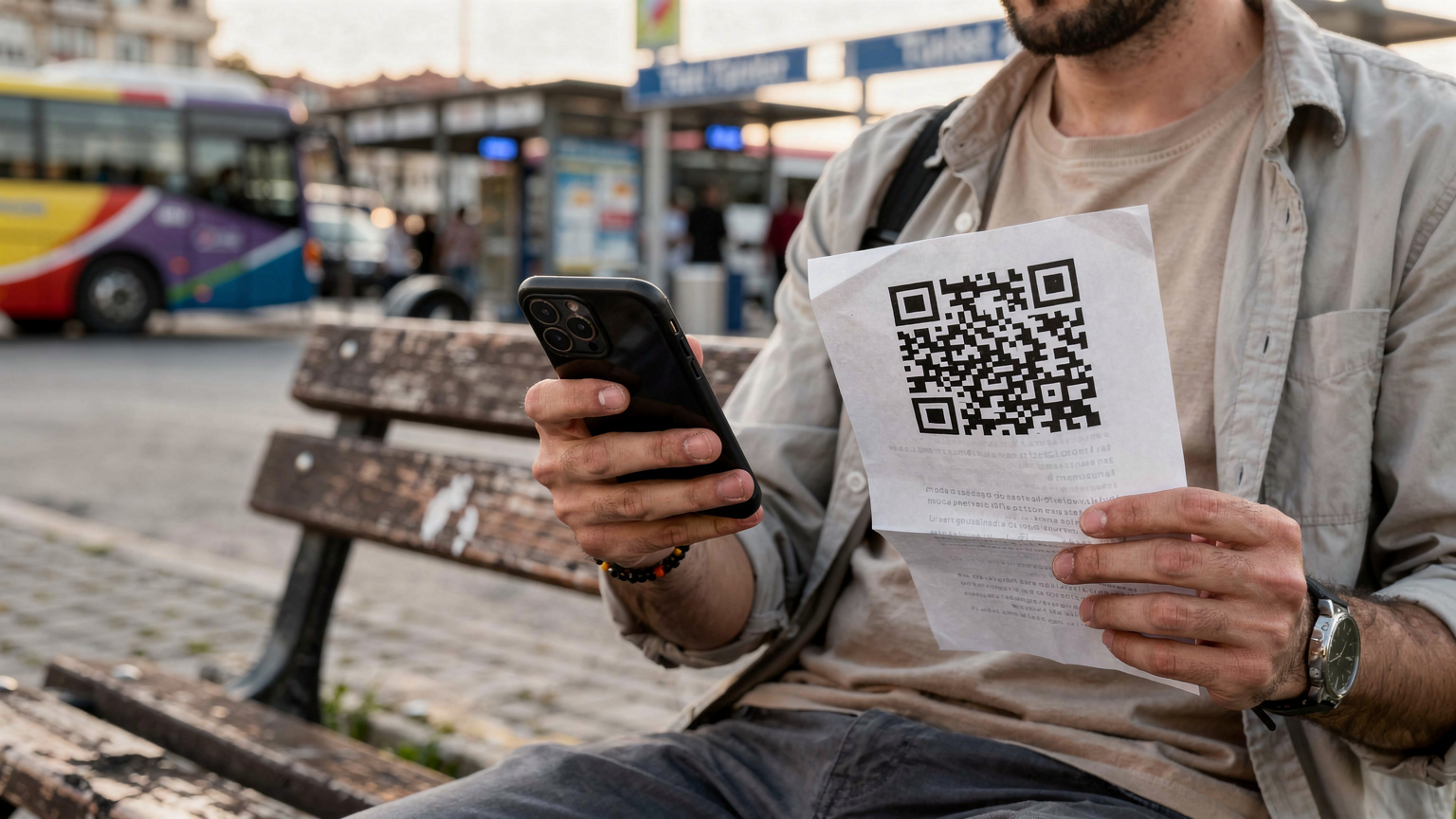 Ein Reisender scannt einen QR-Code auf seinem Smartphone, um eine eSIM zu aktivieren, während er auf einer Parkbank in der Nähe eines Busbahnhofs in Tirana, Albanien, sitzt.