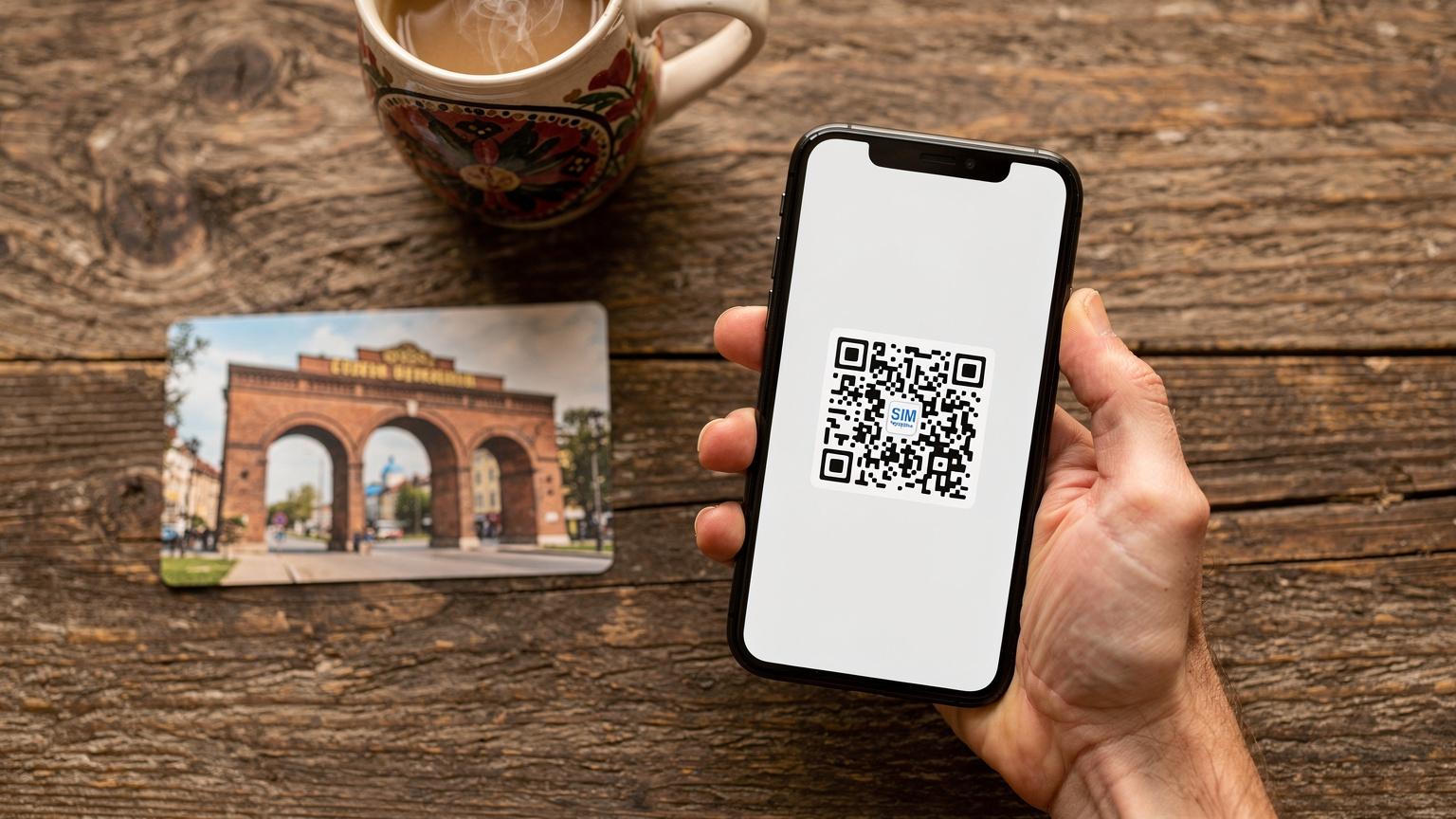 Рука тримає смартфон, на екрані якого відображено QR-код активації eSIM, на тлі туристичної листівки та чашки кави, що створює атмосферу підготовки до подорожі.