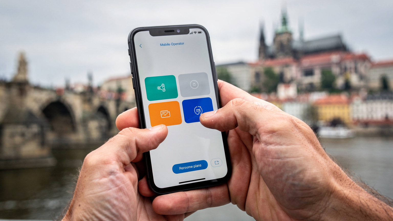 Mãos de uma pessoa segurando um smartphone, navegando por um aplicativo de operadora com opções de pacotes de dados, com a Ponte Carlos de Praga desfocada ao fundo, sugerindo a busca por conectividade em uma viagem internacional.