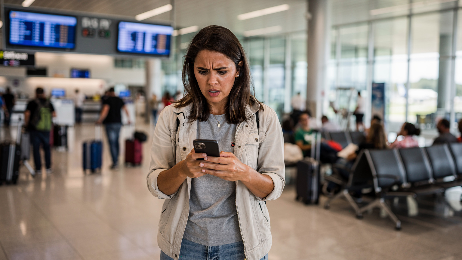 Uma mulher viajante, de aproximadamente 30 anos, com um chapéu de sol e óculos escuros, está em um aeroporto movimentado, com uma expressão de frustração enquanto tenta usar seu celular para se conectar, cercada por outras pessoas e malas.