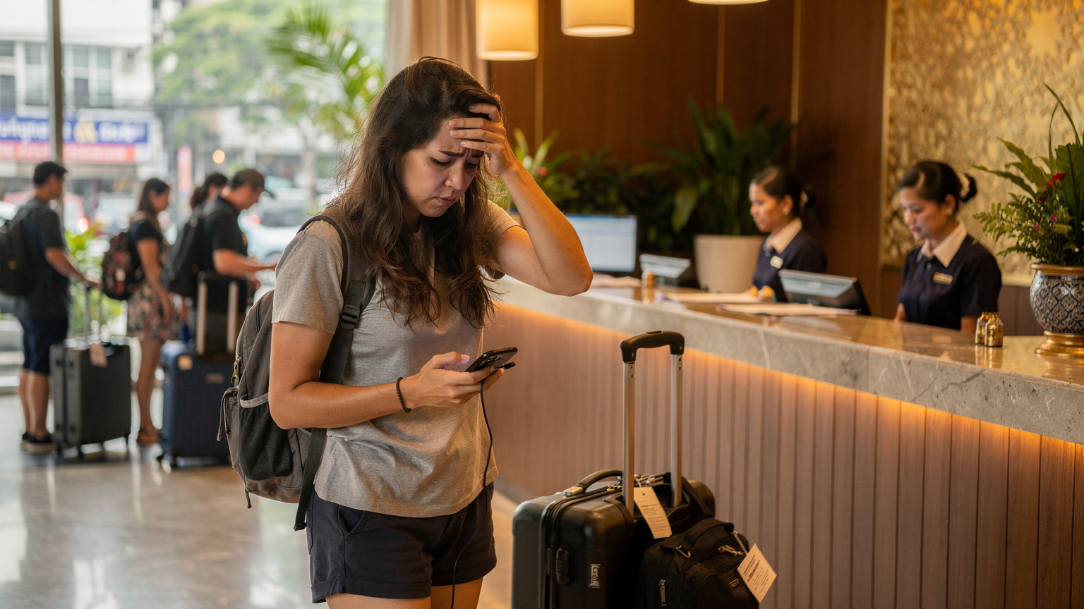 Uma mulher em um balcão de check-in de hotel movimentado em Bangkok, com a mão na testa, expressando frustração enquanto tenta resolver um problema de conexão com seu smartphone após um longo voo.