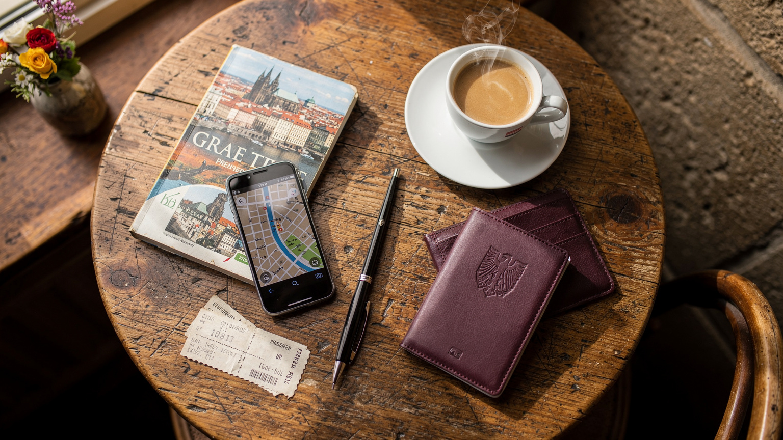 Uma cena de mesa de café em um bistrô aconchegante em Praga, com um smartphone exibindo um mapa offline, um café fumegante, um guia de viagem físico e um passaporte, simbolizando planejamento de viagem.