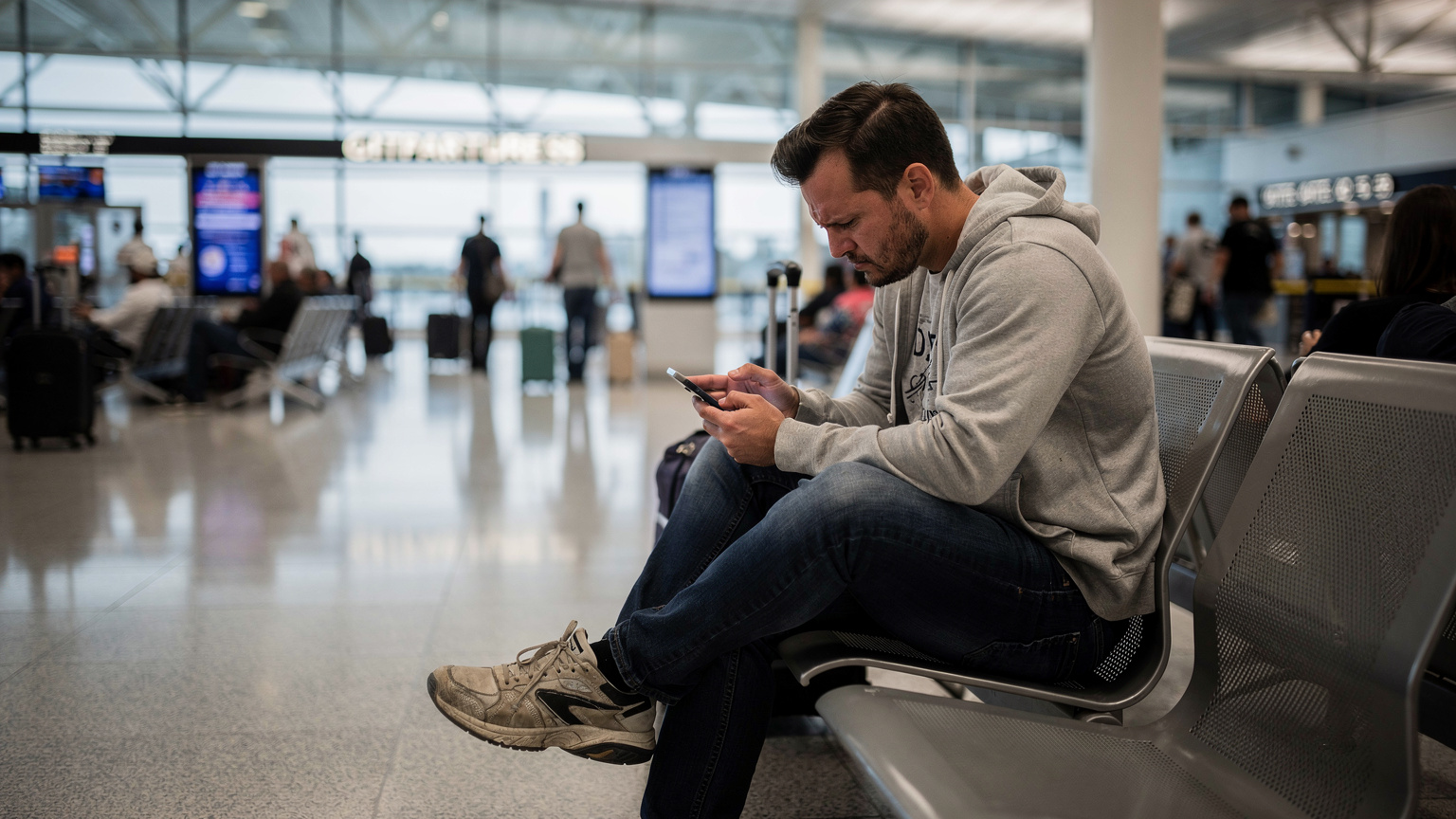 Cestovatel s únavou sedí na lavičce v rušné odbavovací hale letiště LAX v Los Angeles, drží v ruce mobilní telefon a zjevně má potíže s připojením. Pohled naznačuje frustraci a bezmoc, zatímco kolem něj prochází dav lidí.