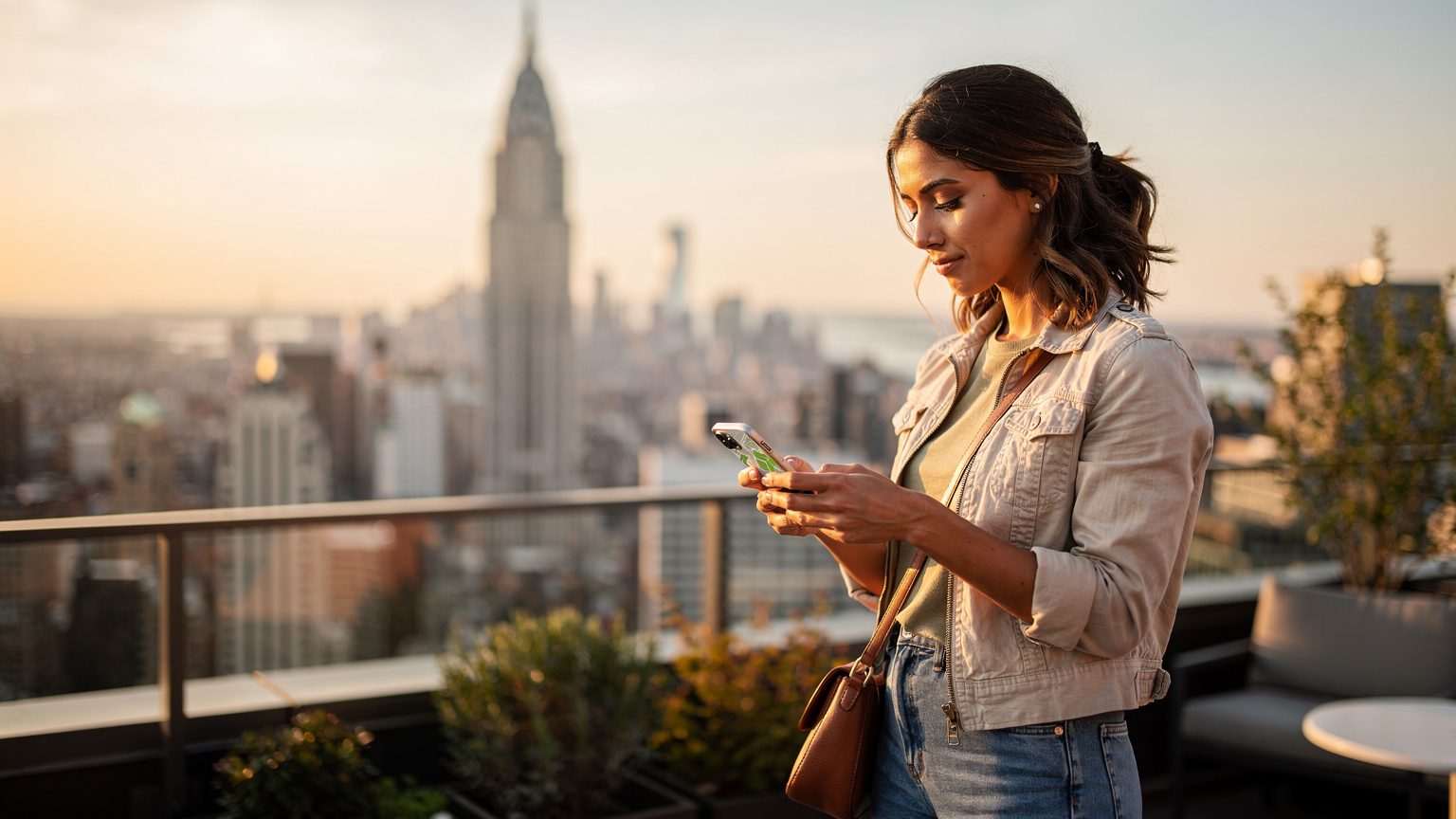 Cestovatelka zamyšleně kontroluje obrazovku svého telefonu s mapou New Yorku, zatímco v pozadí se rozprostírá panorama Manhattanu s ikonickým Chrysler Building. Její gesta naznačují, že hledá cestu nebo ověřuje data.