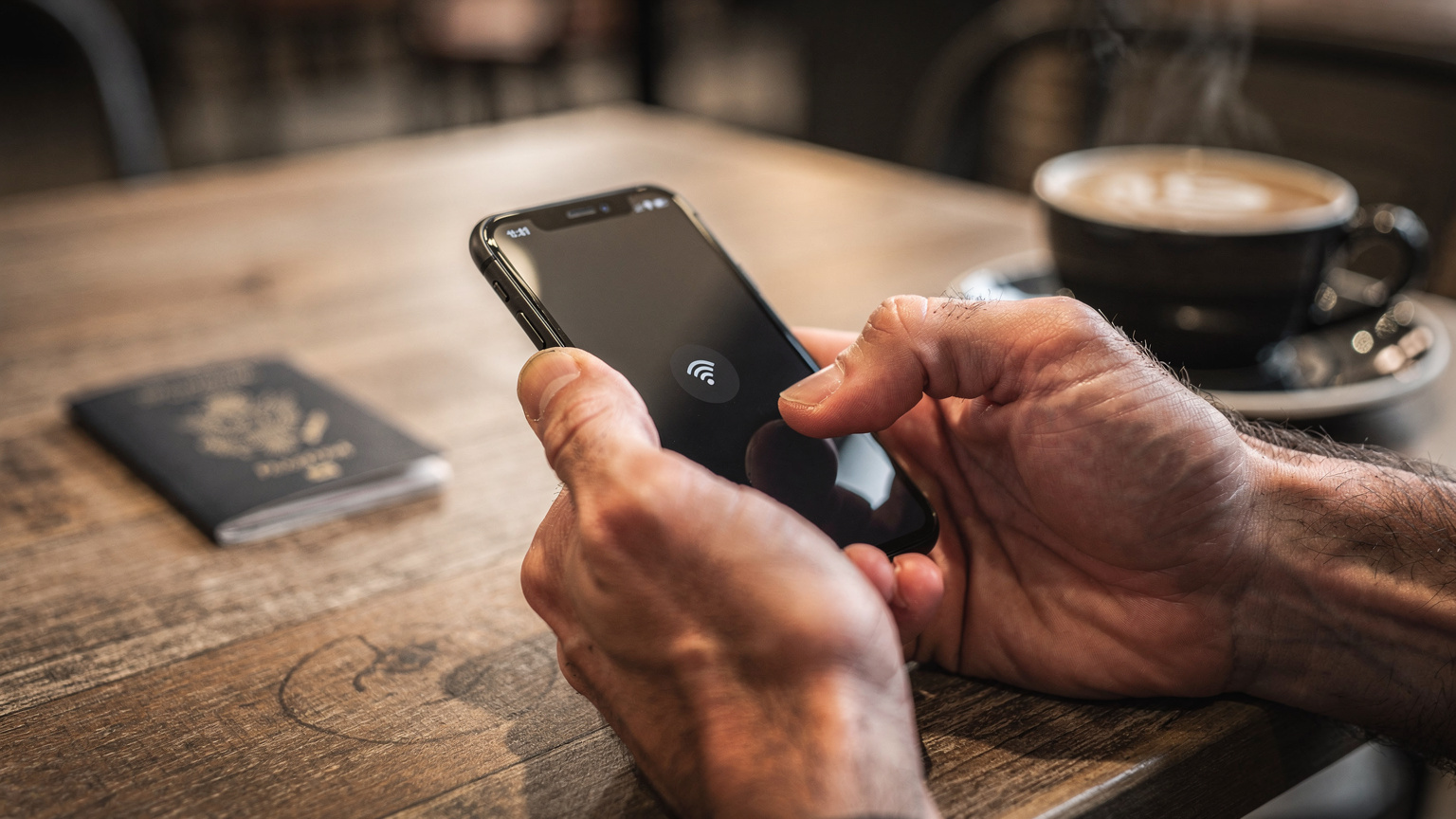 Zblízka pohled na ruce digitálního nomáda, který drží svůj smartphone a ukazuje na obrazovku s ikonami nastavení mobilních dat. V pozadí je rozmazaný stůl v kavárně s pasem a šálkem kávy, což naznačuje cestování a práci na dálku.