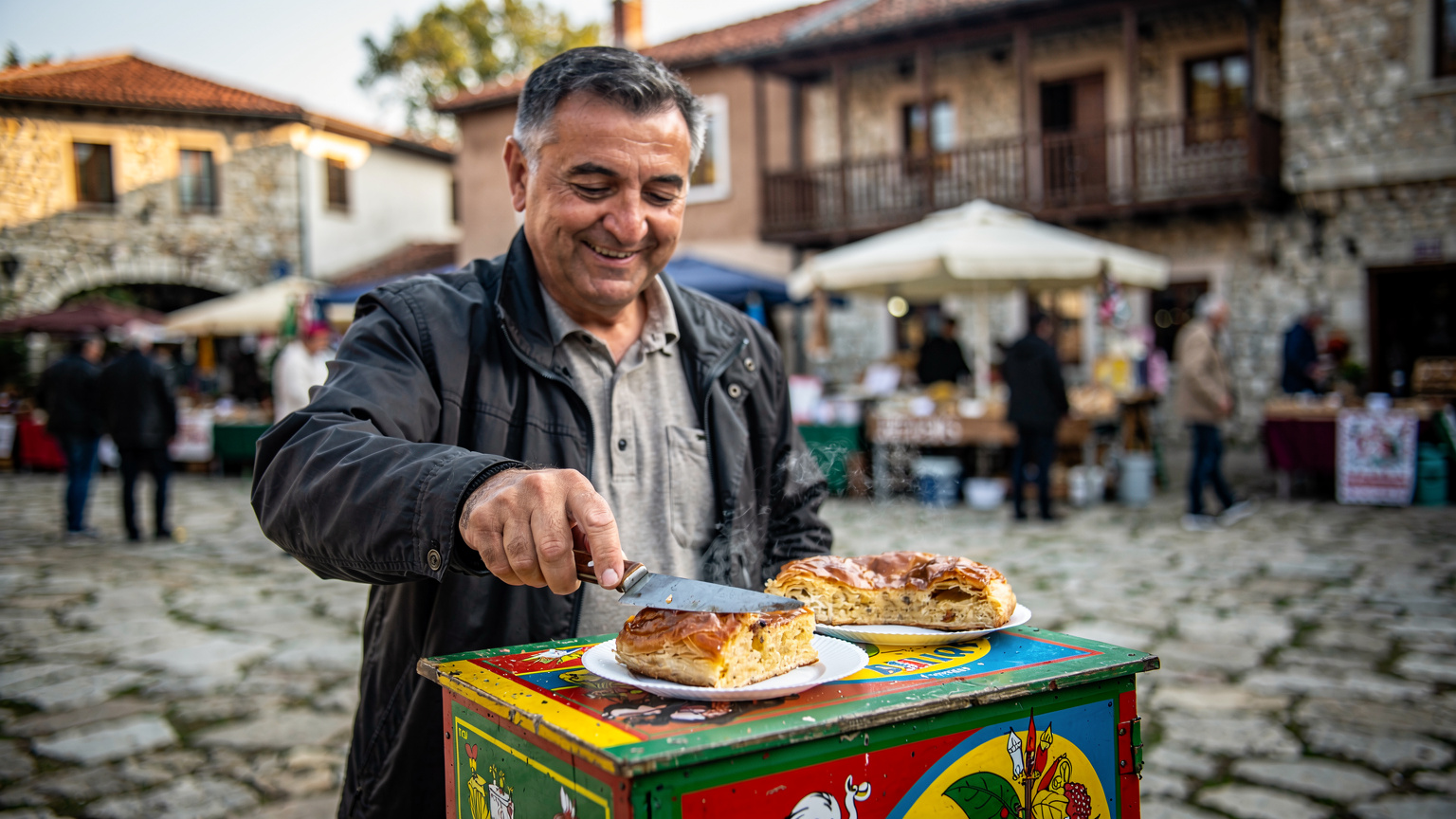 Un vânzător zâmbitor de banitsa, purtând un șorț tradițional, oferă o porție aburindă dintr-un bar mobil, pe o piață plină de viață din Veliko Tarnovo, Bulgaria.