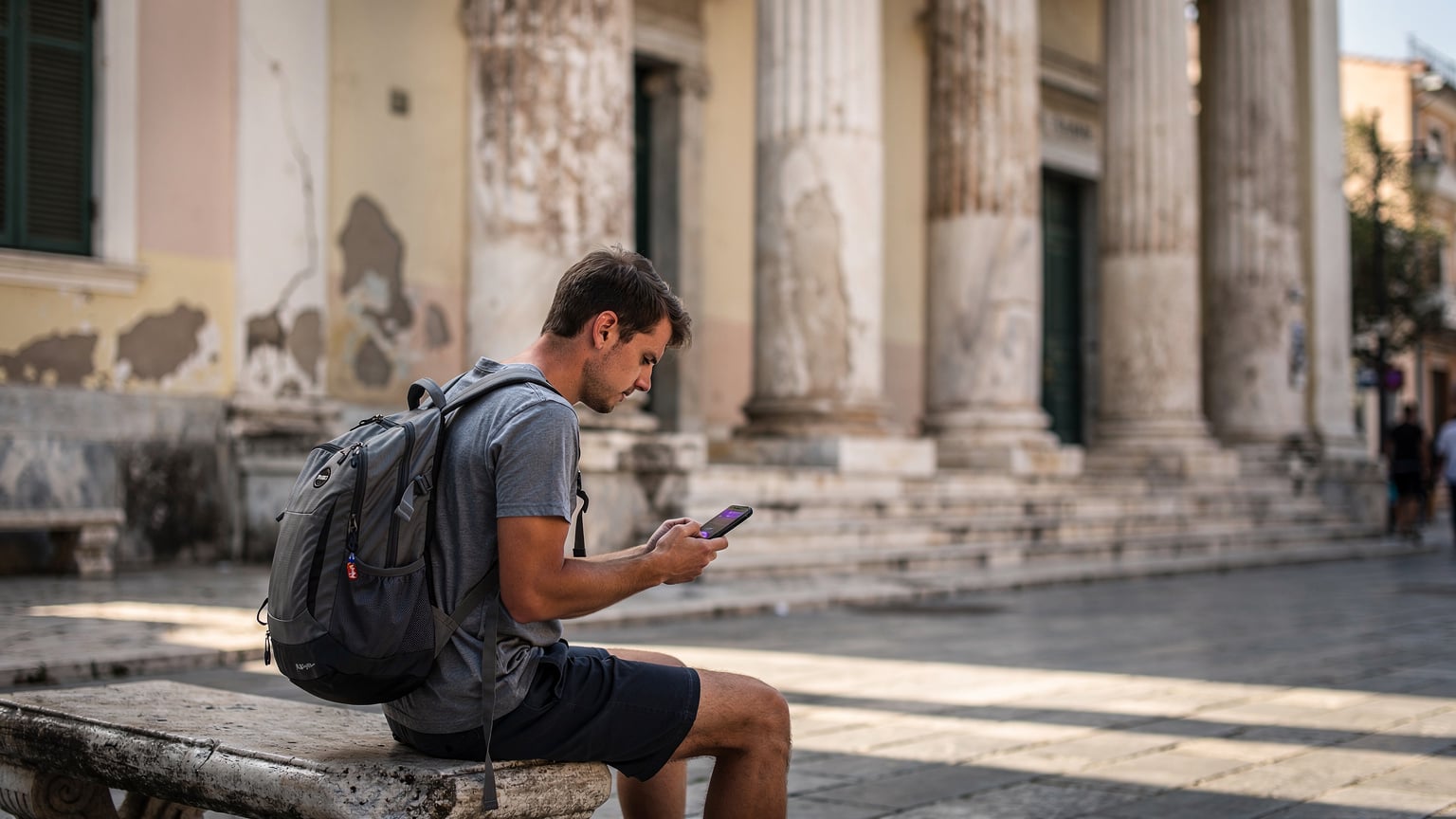 Un tânăr călător, cu un rucsac ușor, stă pe o bancă de piatră în fața unei clădiri neoclasice din cartierul Plaka, Atena, privind harta pe telefon cu o expresie concentrată, în lumina blândă a dimineții.