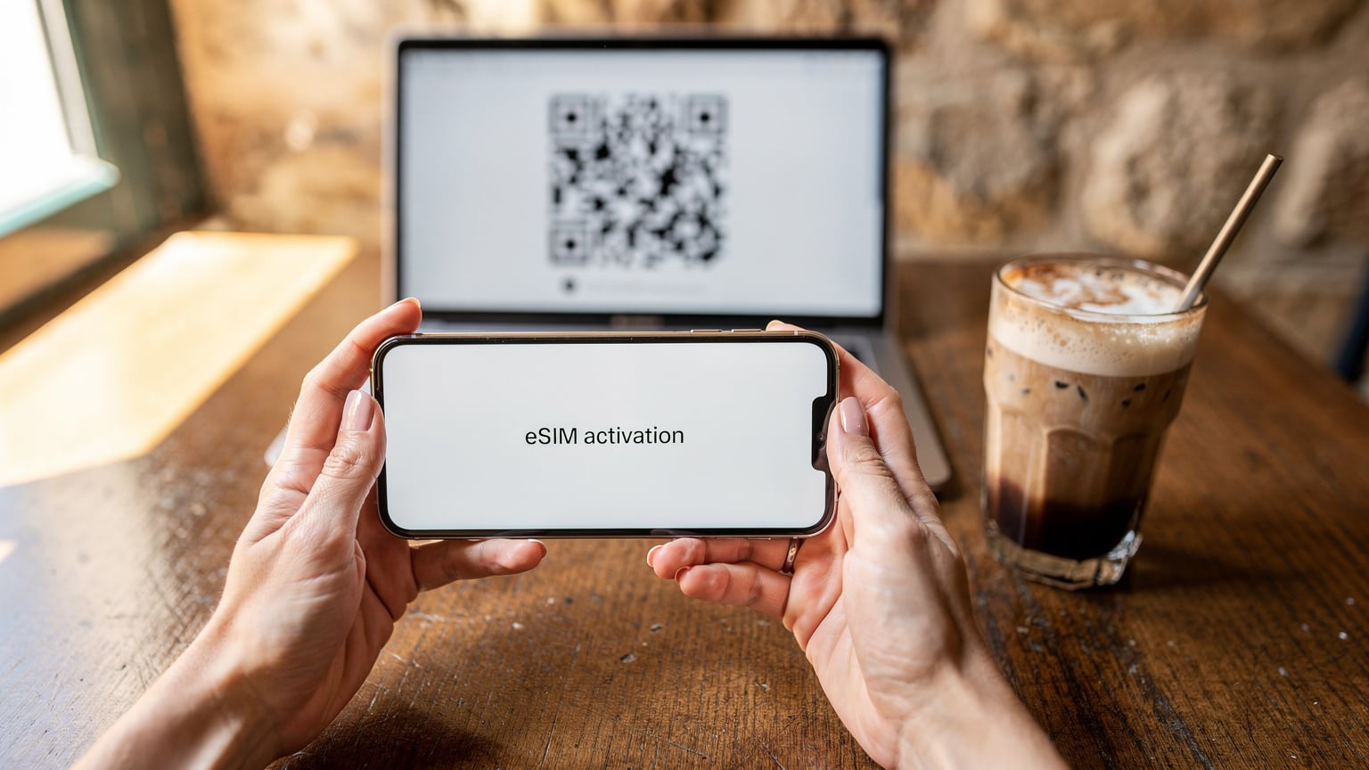 Mâinile unei femei ținând un smartphone pe care se afișează o notificare de activare, cu un cod QR pe ecranul unui laptop în fundal, pe o masă de cafenea grecească, alături de o cană de cafea frappe.