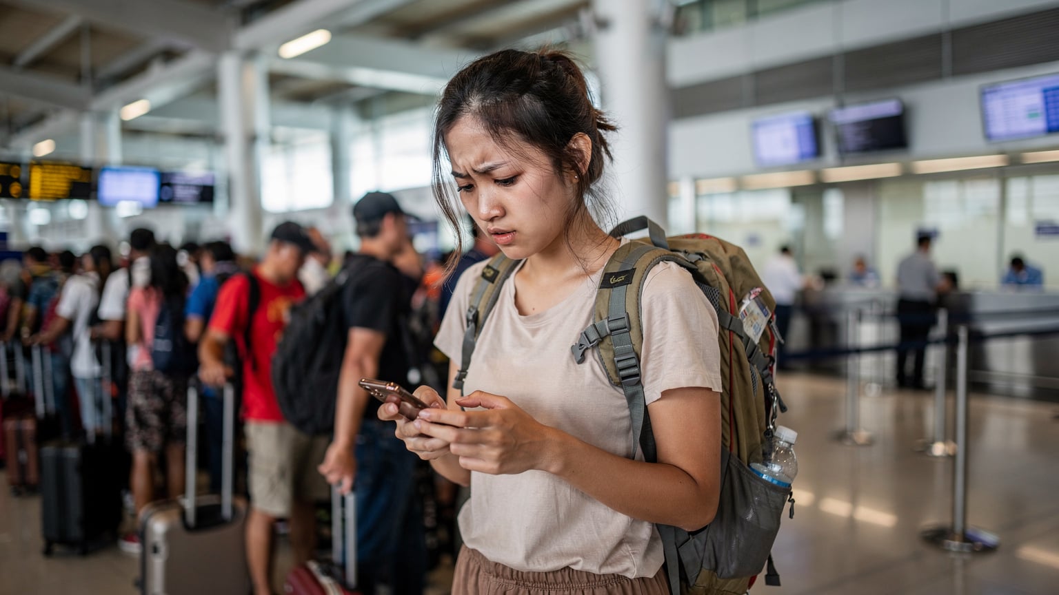 Seorang wisatawan muda Asia sedang melihat ponselnya dengan ekspresi khawatir di tengah antrean panjang konter imigrasi di Bandara Internasional Ngurah Rai, Bali.