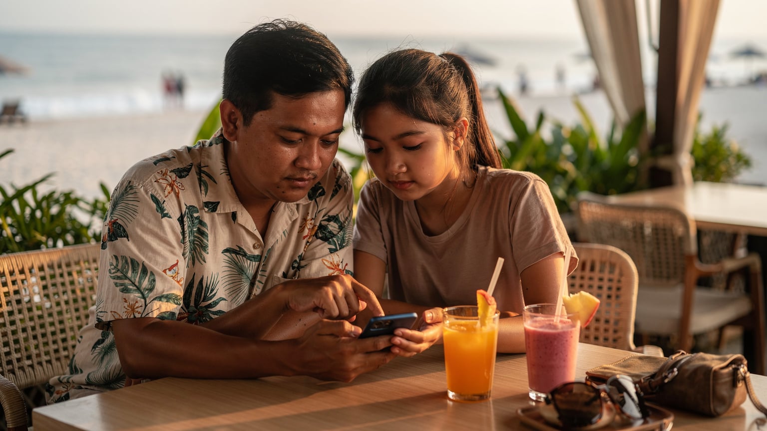 Seorang ayah dan putrinya sedang memeriksa pengaturan ponsel di sebuah kafe tepi pantai modern di Seminyak, Bali, dengan minuman segar di meja.