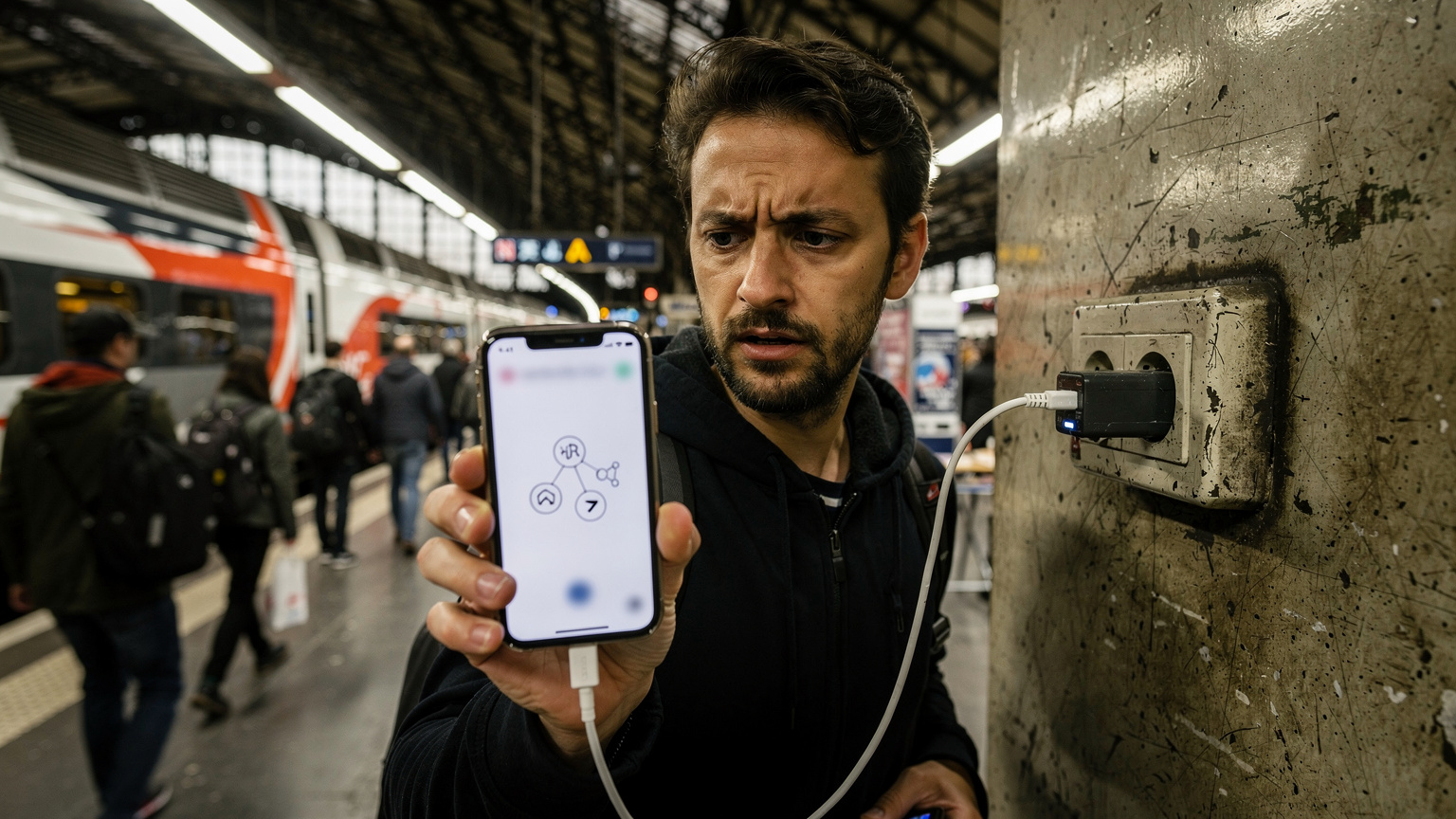 Un voyageur au regard soucieux tente de recharger son téléphone à une prise murale publique dans une gare de trains bondée, l'écran de son téléphone affichant un message d'erreur de réseau ou de données, tandis que des trains de la SNCF passent en arrière-plan.