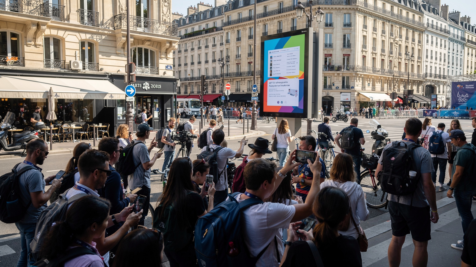 Une foule dense et diverse, composée de touristes et de résidents, utilise leurs téléphones devant un panneau d'information numérique affichant le logo des JO Paris 2024, au milieu d'une rue parisienne animée.