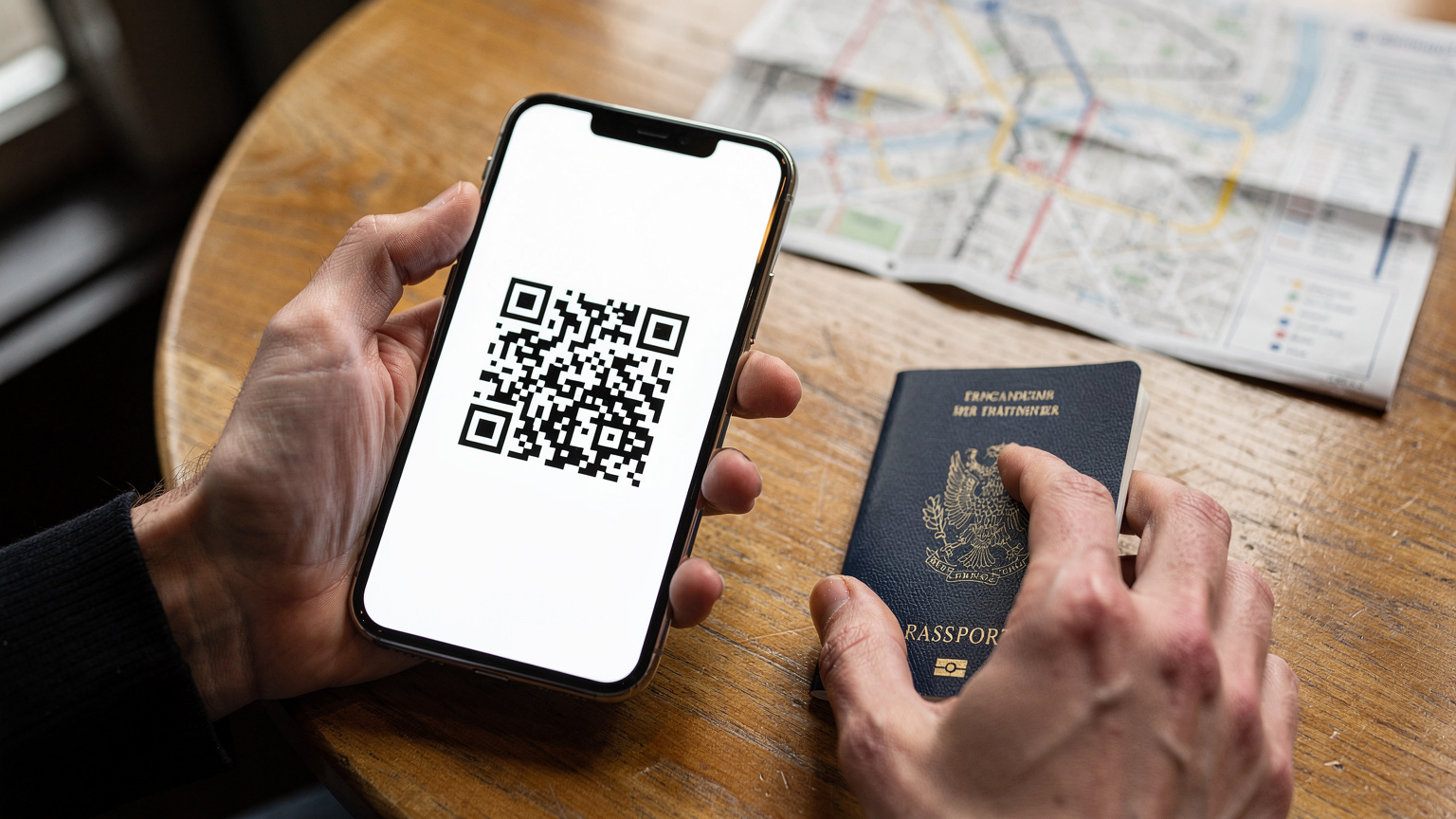 Gros plan sur des mains tenant un smartphone affichant un code QR d'activation d'eSIM, avec un passeport français et une carte de la ligne 1 du métro parisien légèrement floutés en arrière-plan, sur une table de café en bois.