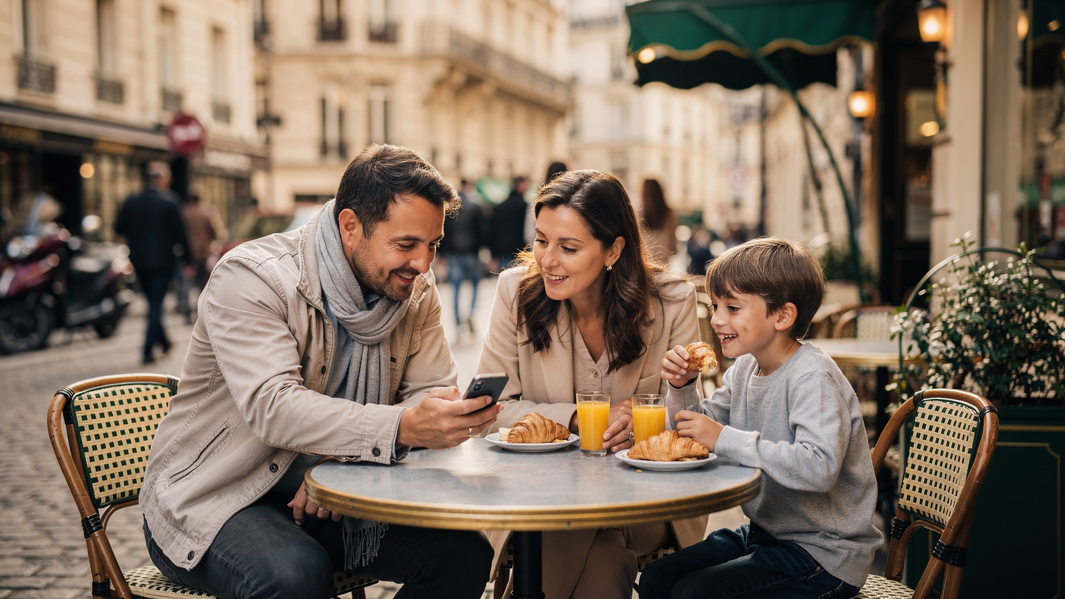 A family gathered around a table at a bustling outdoor café in a European city, looking at a smartphone for directions, with children enjoying local snacks.