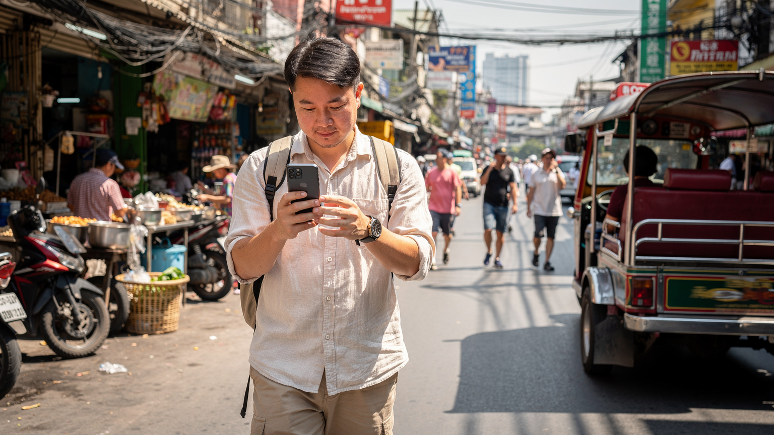 一名中国游客在曼谷的街头,手机上正在显示Google Maps导航,背景是繁忙的街景和一辆嘟嘟车。
