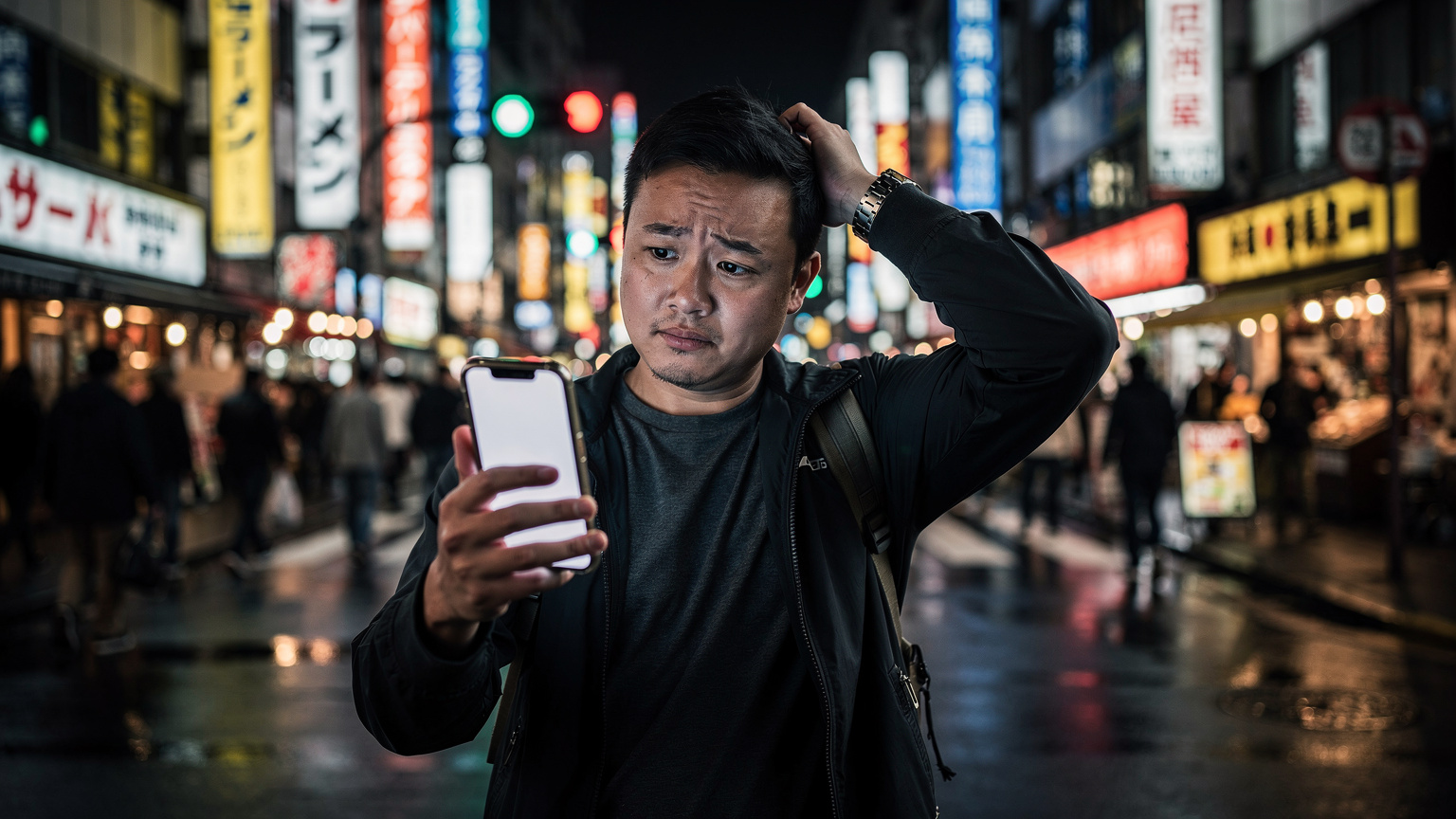 一名游客在日本东京新宿歌舞伎町的街头,举起手机试图连接Wi-Fi,脸上略显困惑,周围是霓虹闪烁的广告牌。