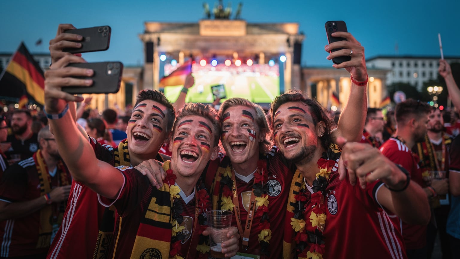 Eine Gruppe lachender Fußballfans teilt Selfies und Videos in der geschäftigen Fan Zone am Brandenburger Tor, während sie ein EM-Spiel auf einer Großleinwand verfolgen.