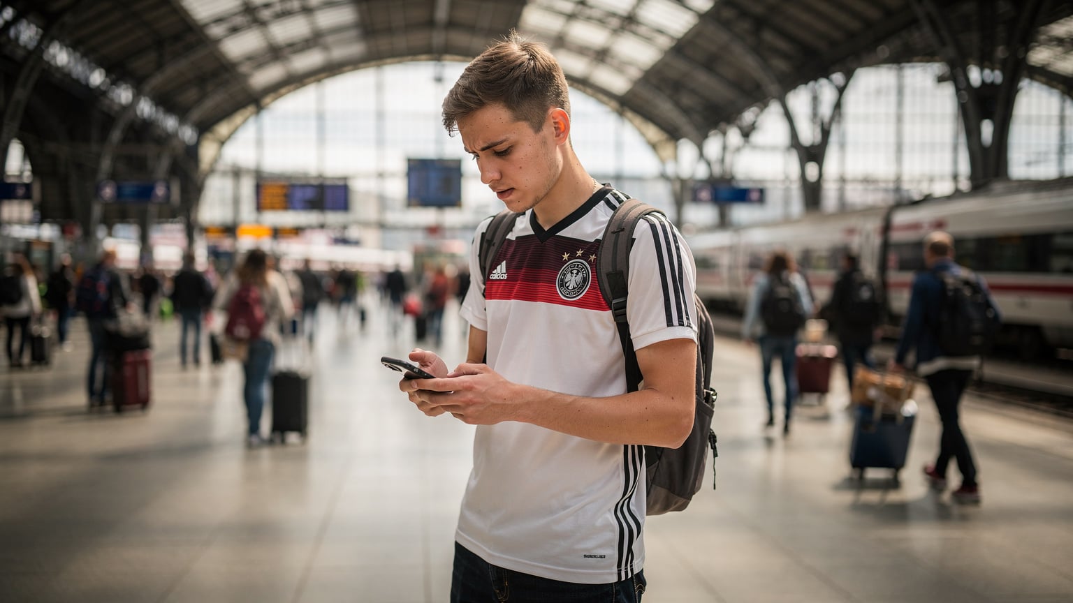 Ein junger Mann im Deutschlandtrikot versucht, sich mit seinem Smartphone am überfüllten Berliner Hauptbahnhof zu orientieren, während der Zugverkehr im Hintergrund geschäftig ist.