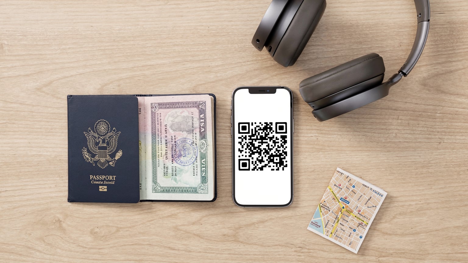 An overhead flat-lay shot of travel essentials including a passport, a smartphone showing a QR code, noise-canceling headphones, and a local map snippet.