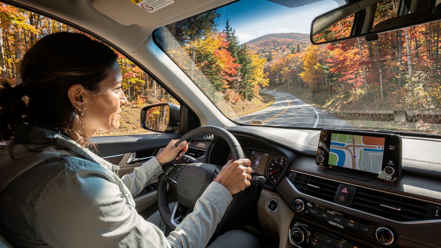 A woman driving through a picturesque autumn landscape in New Hampshire, glancing at her smartphone for directions.
