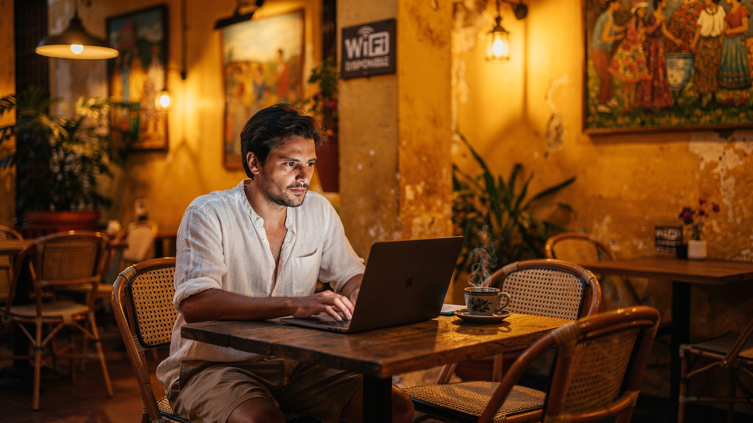 Un café acogedor en un barrio histórico de Cartagena de Indias, Colombia, con un nómada digital trabajando tranquilamente en su laptop, con una taza de café local al lado y un letrero de 'WiFi disponible' sutilmente visible.