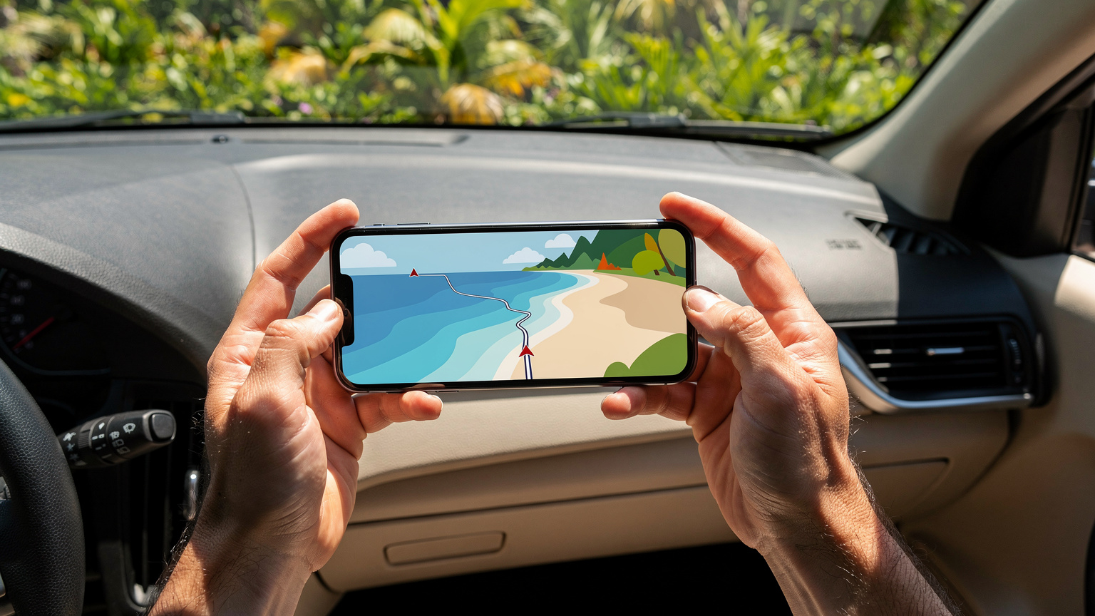 Un par de manos sosteniendo un smartphone, mostrando una aplicación de mapas con la ruta marcada hacia una playa remota en la Riviera Maya, México. El fondo es un coche de alquiler con vegetación tropical a través de la ventana.