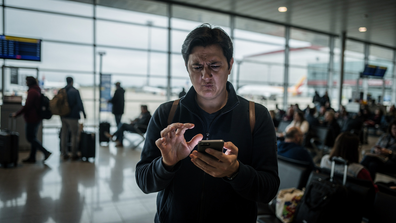 Un viajero frustrado intentando conectar su teléfono a una red WiFi pública lenta en un aeropuerto abarrotado, su expresión denota preocupación y prisa.