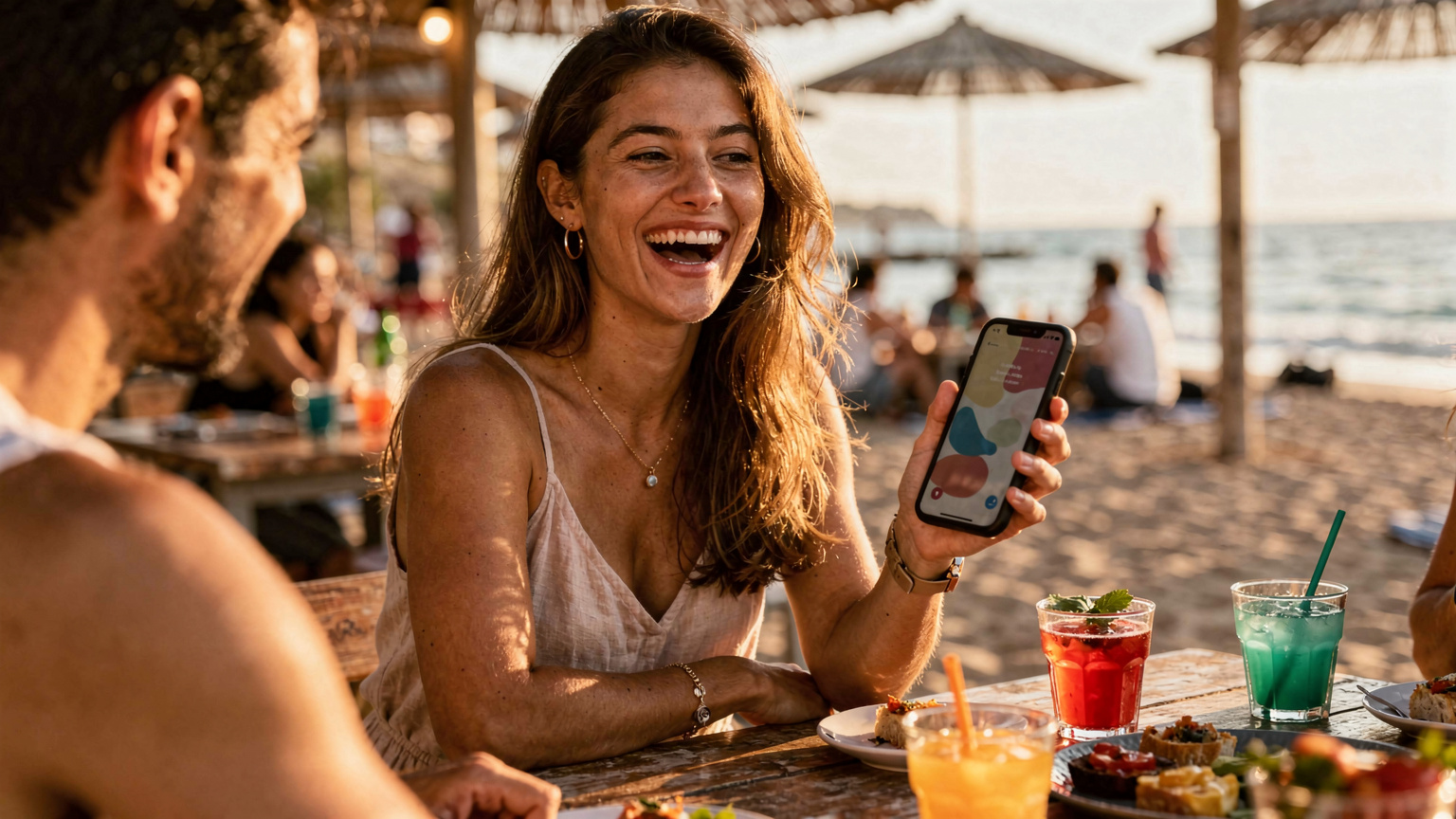Una mujer joven en un chiringuito de playa en Andalucía, España, riendo mientras muestra algo en su teléfono a una amiga. El sol de la tarde ilumina su rostro y la arena, creando un ambiente cálido y relajado.