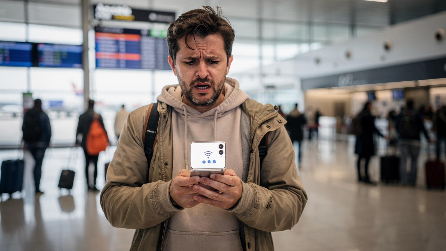Un viajero frustrado en un aeropuerto internacional (quizás el de Adolfo Suárez Madrid-Barajas), mirando con preocupación su Samsung Galaxy Z Flip 8, que muestra un mensaje de 'Sin Conexión', con maletas y gente ocupada en el fondo, transmitiendo una sensación de aislamiento.