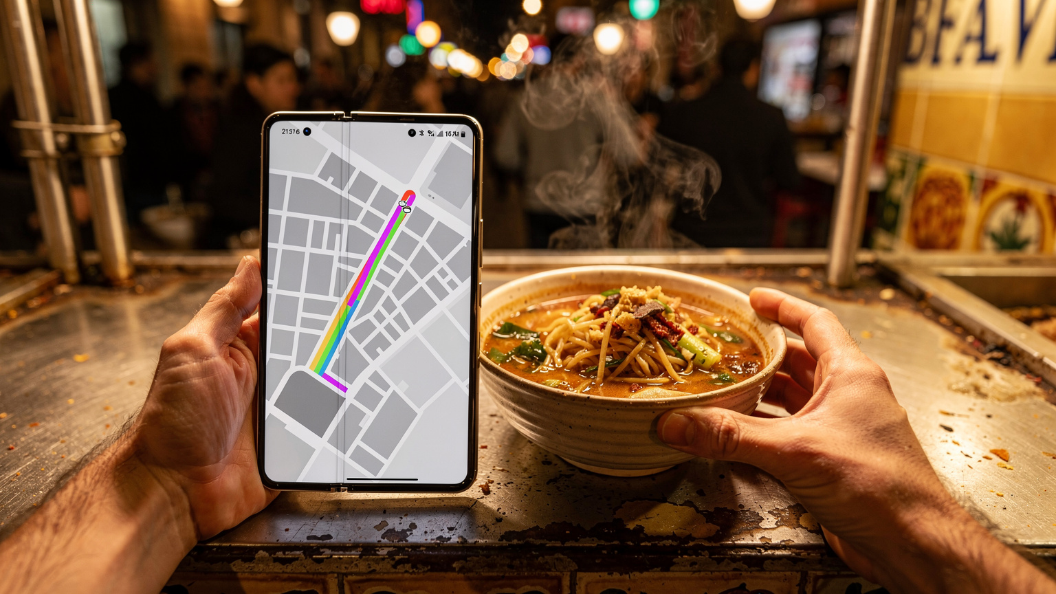 Unas manos humanas con un Samsung Galaxy Z Fold 8 desplegado, mostrando un mapa de ruta, mientras sostiene un tazón de noodles humeantes en un puesto callejero nocturno en el barrio de Gràcia en Barcelona.