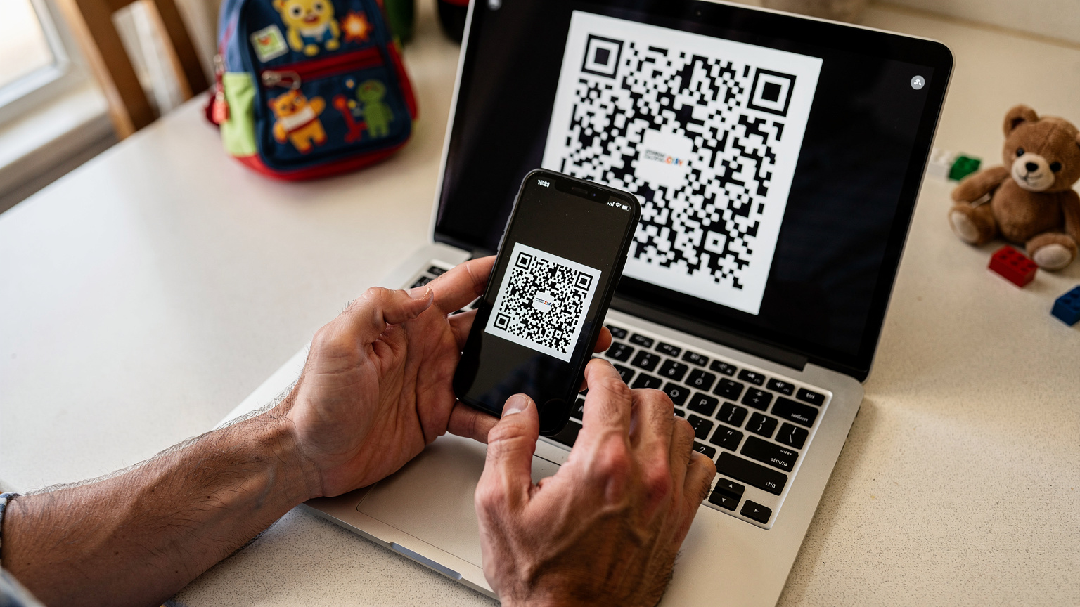 Крупний план рук батька, який тримає смартфон і сканує QR-код для активації eSIM на екрані ноутбука, на фоні дитячий рюкзак та іграшки.
