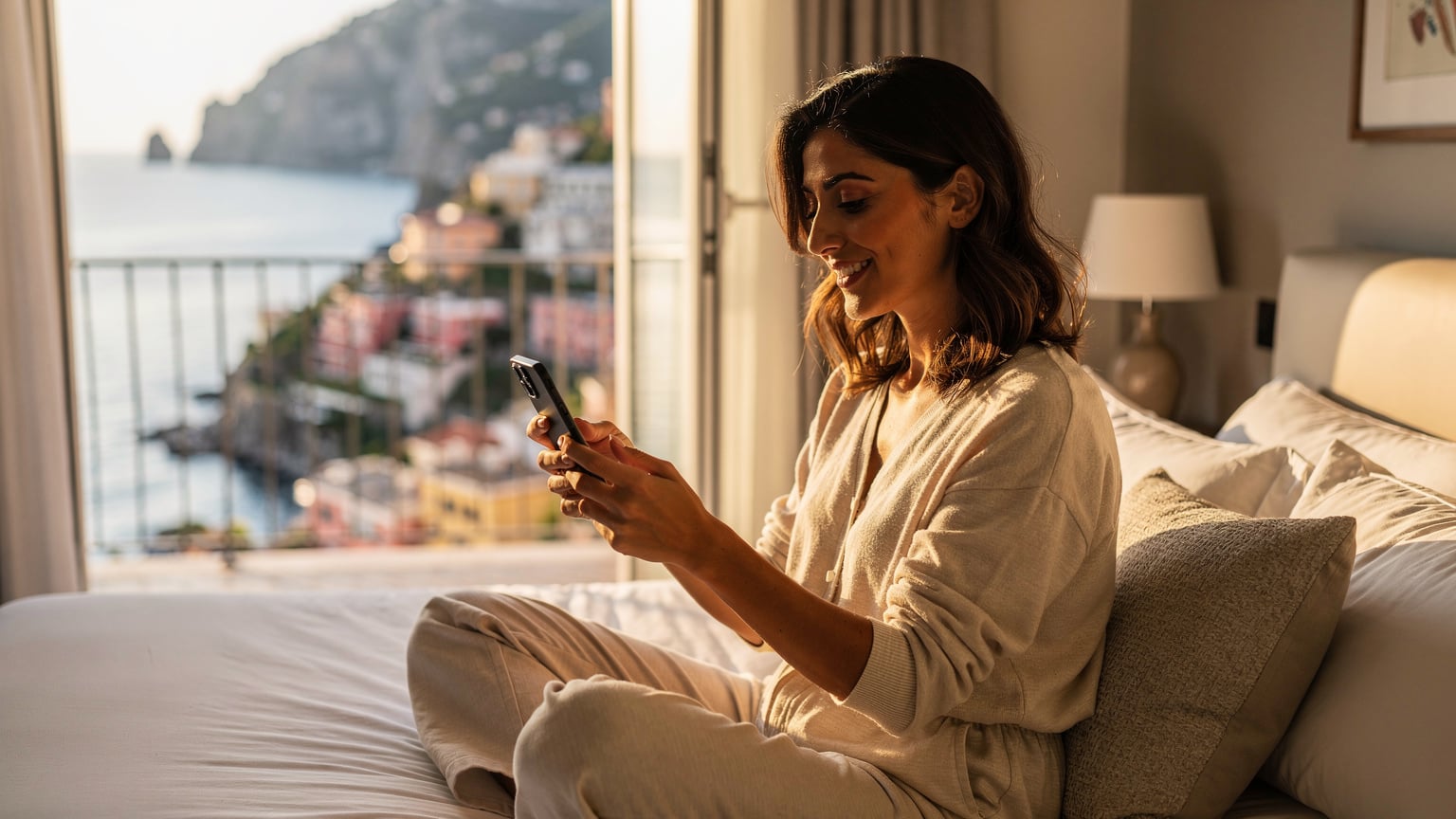 Bir Türk gezgin, İtalya'nın Amalfi Kıyısı'nda bir otelde telefonunda eSIM kurulum adımlarını kontrol ederken gülümsüyor.