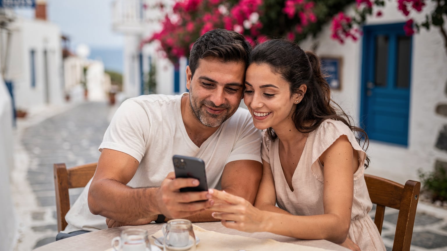 Bir Akdeniz restoranında oturan Türk bir çift, telefonlarında eSIM profillerini aktif etmenin rahatlığını yaşıyorlar.