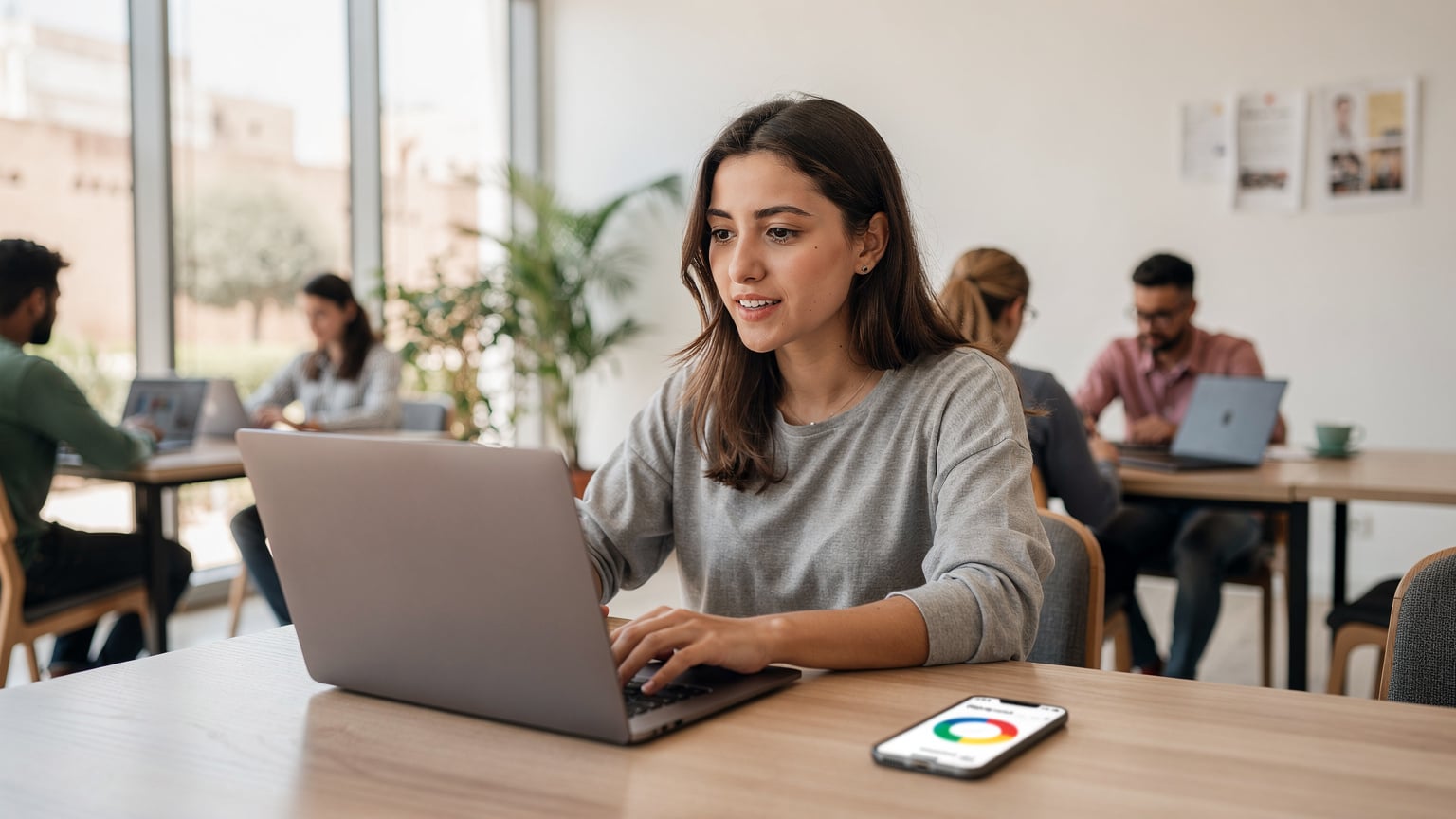 A woman on a video call at a modern co-working space in Rabat, Morocco, with her laptop and coffee, illustrating stable internet for remote work.