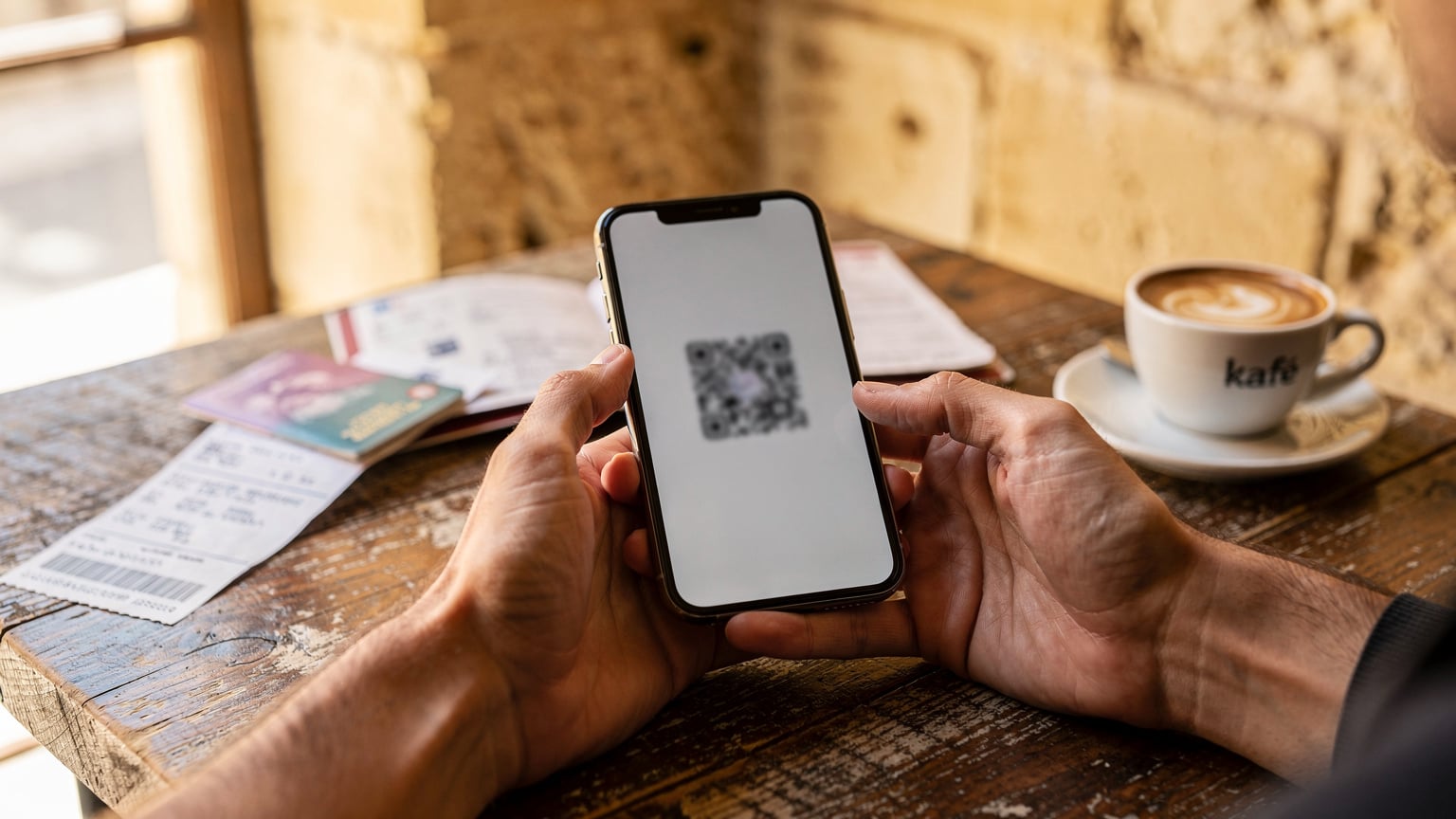 Detailní záběr rukou držících smartphone, na obrazovce je vidět QR kód pro aktivaci eSIM, s pasem a letenkou v pozadí na kavárenském stole.