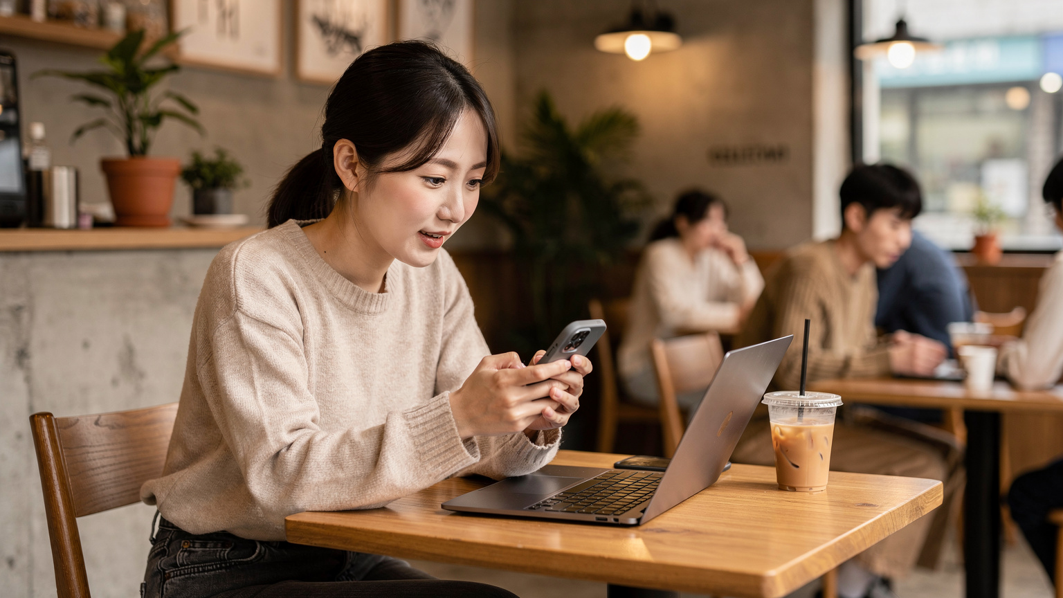 韓国のカフェで、ノートパソコンとコーヒーを前に、スマートフォンでCellesimのカスタマーサポートチャットを利用してeSIMの接続トラブルについて問い合わせている女性。