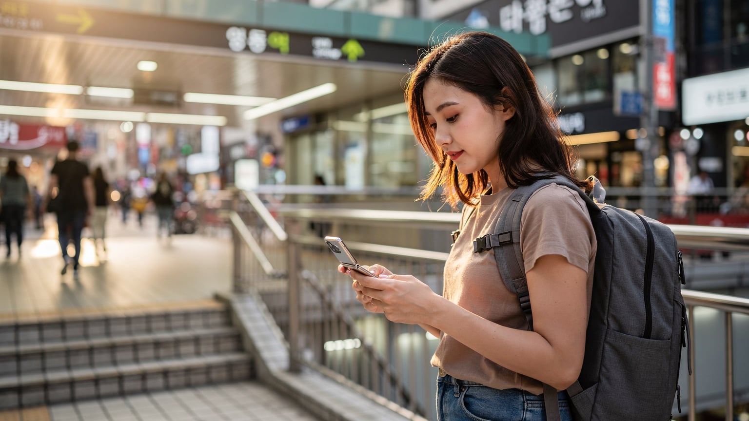 ソウルの明洞にある地下鉄駅の入り口で、Galaxy Z Flip 8でeSIMの設定を確認する旅行者。