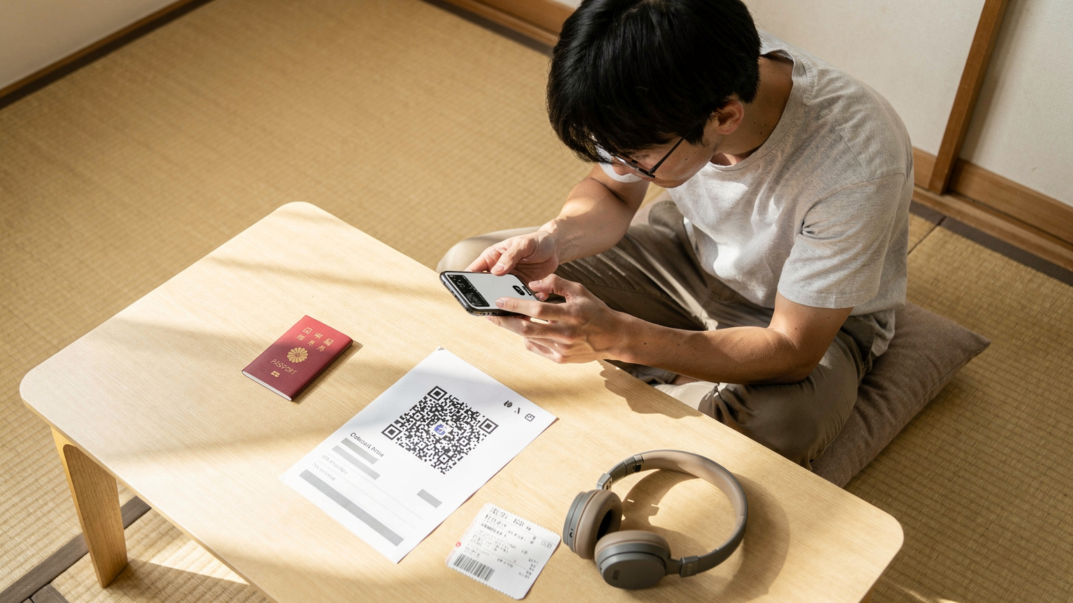 日本の自宅のリビングルームで、パスポートと航空券が置かれたテーブルの上で、若い男性が真剣な表情でiPhone 18の画面を見つめながらeSIMのQRコードをスキャンしている。