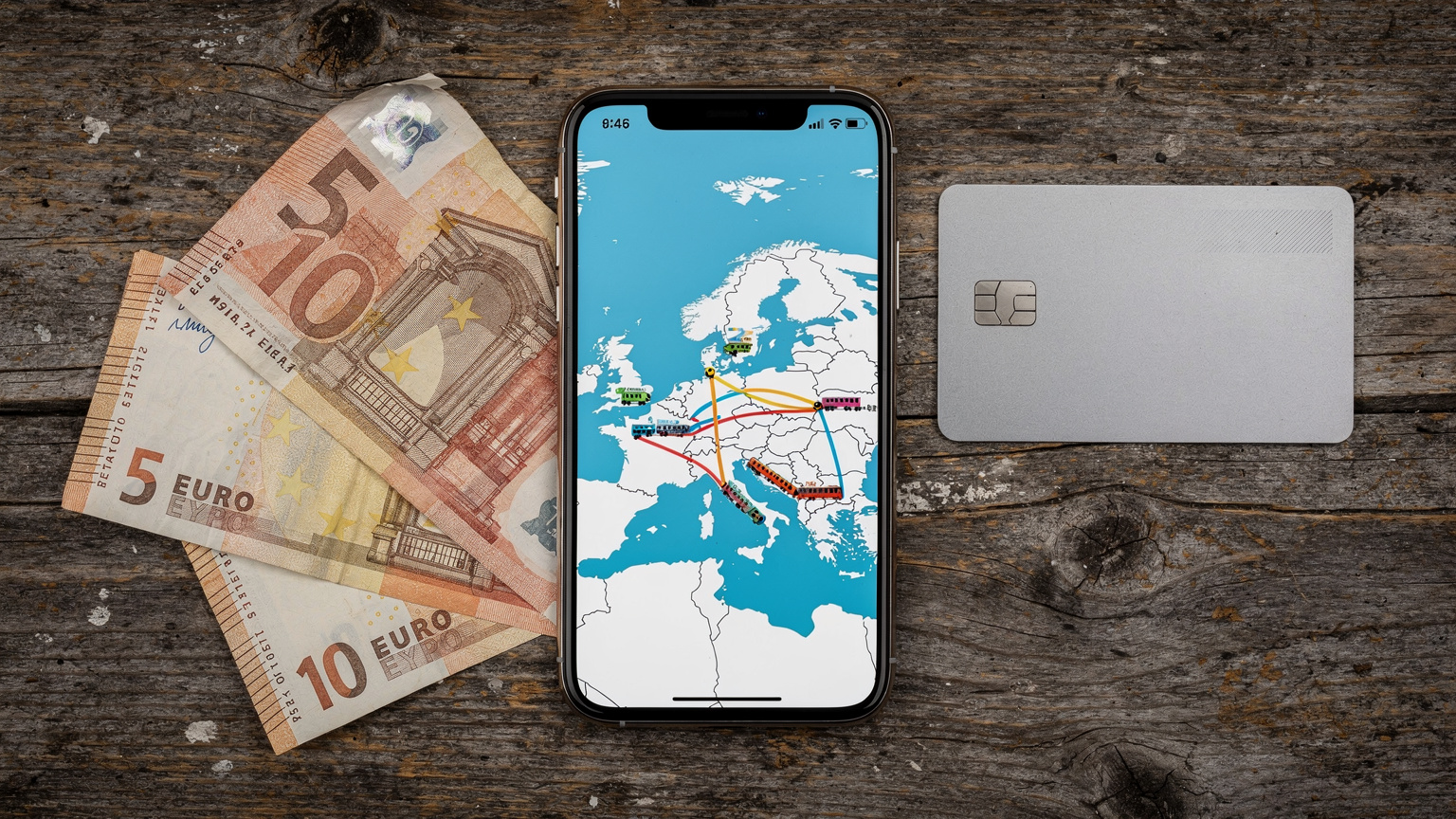 Un mapa de Europa en una pantalla de iPhone, con varias rutas de tren marcadas, y un pequeño montón de billetes de euro y una tarjeta de crédito sobre la mesa, indicando planificación de presupuesto de viaje.