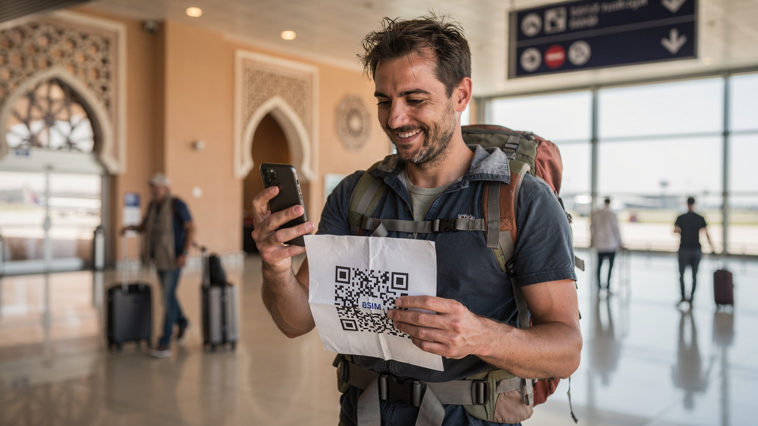 Un viajero con mochila, agotado pero sonriente, llega al aeropuerto de Marrakech y enciende su iPhone, con un código QR de eSIM ya descargado listo para escanear y activar.