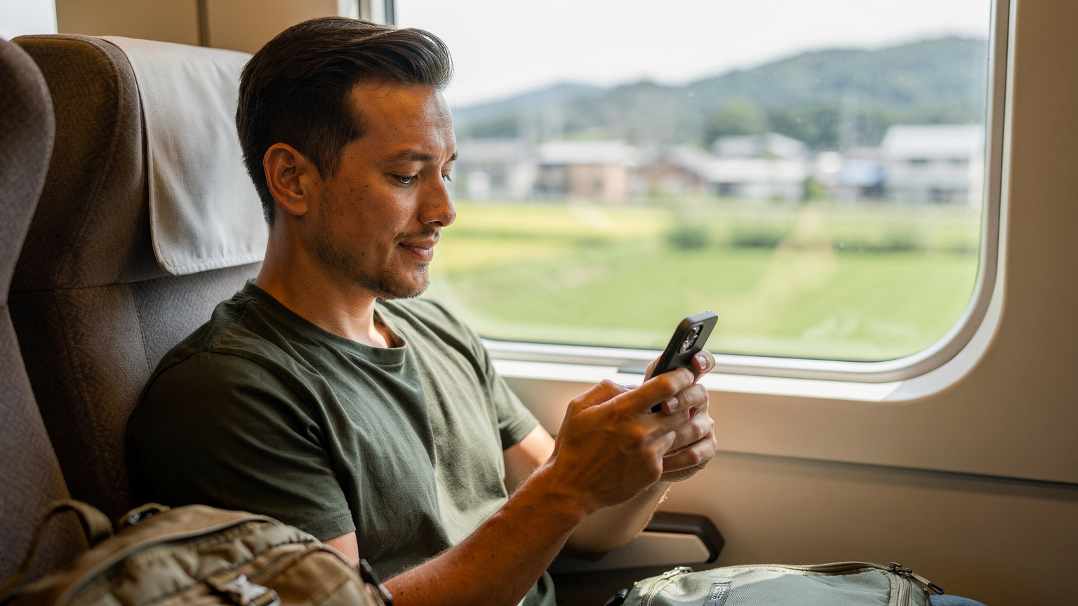 Un viajero en un tren de alta velocidad en Japón, con el paisaje rural pasando por la ventana, está usando su iPhone para seleccionar entre varias eSIMs en la configuración de su teléfono, asegurándose de tener la conexión correcta.
