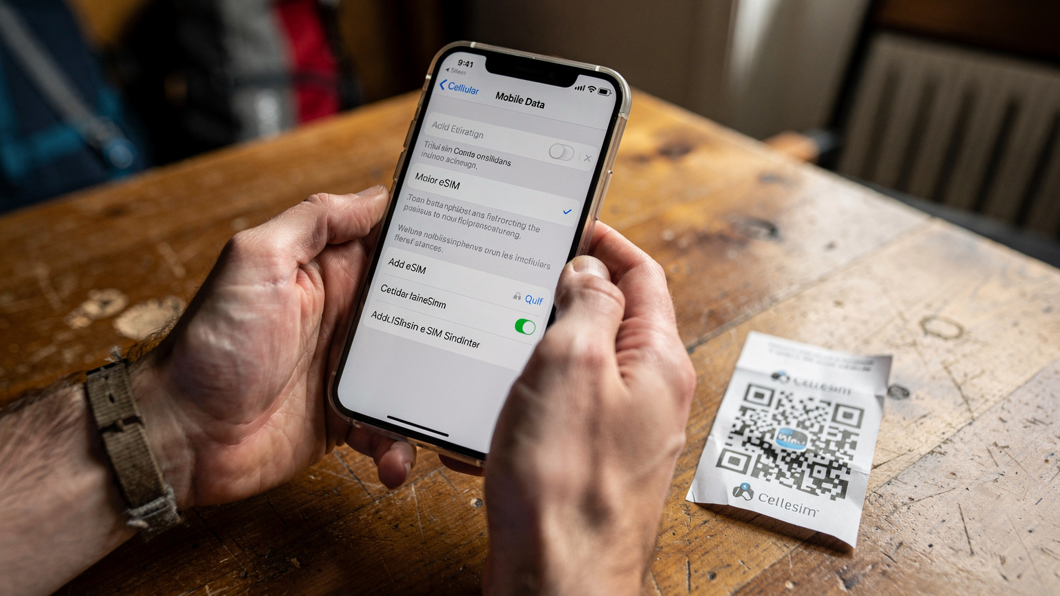 Manos de un viajero sosteniendo un iPhone mostrando el menú de ajustes de datos móviles, con la opción "Añadir eSIM" destacada y un código QR de un proveedor de eSIM impreso en un papel a su lado, listo para escanear.