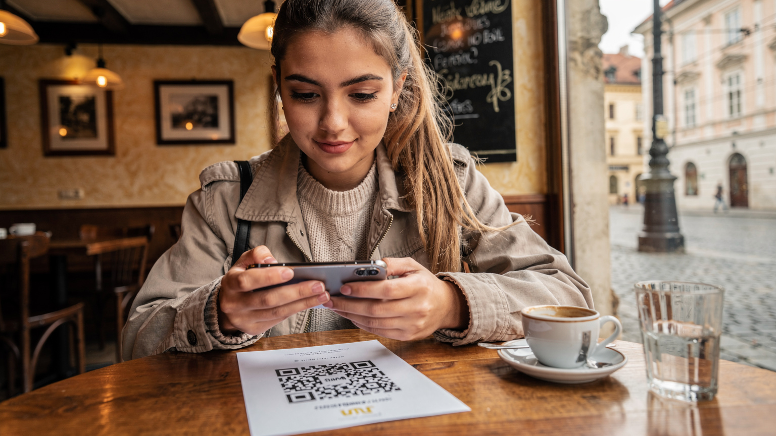 Молода українська студентка легко активує eSIM на своєму iPhone, скануючи QR-код у затишному кафе в Празі.