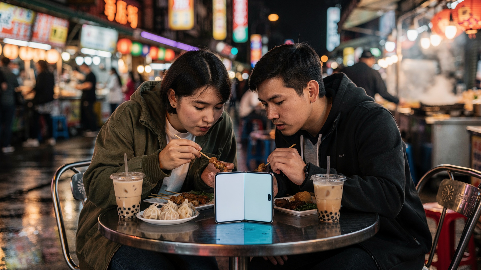 Mladý pár sedí v rušnej ulici s nočným trhom v Taipeji, Taiwan, a pozerá sa na rozložený Samsung Galaxy Z Fold 2026, na ktorom majú otvorenú mapu, zatiaľ čo si pochutnávajú na miestnom jedle.