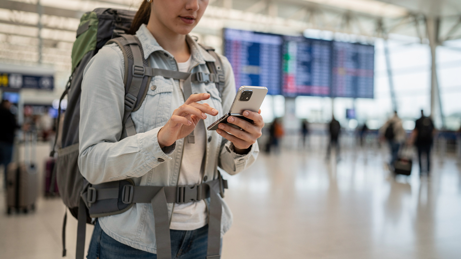 Cestovateľka s otvoreným Samsung Galaxy Z Flip 2026 v ruke, skenuje QR kód eSIM na letisku v Lisabone, v pozadí vidno tabuľu odletov a prichádzajúcich letov.