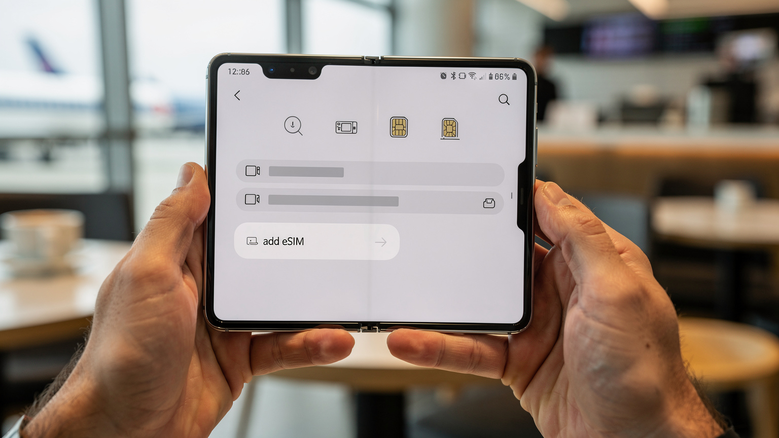 Detailný záber na ruky držiace Samsung Galaxy Z Fold 2026, kde sa na obrazovke zobrazuje nastavenie "Správca SIM kariet" s možnosťou "Pridať eSIM". V pozadí je rozmazaný interiér letiskovej kaviarne.