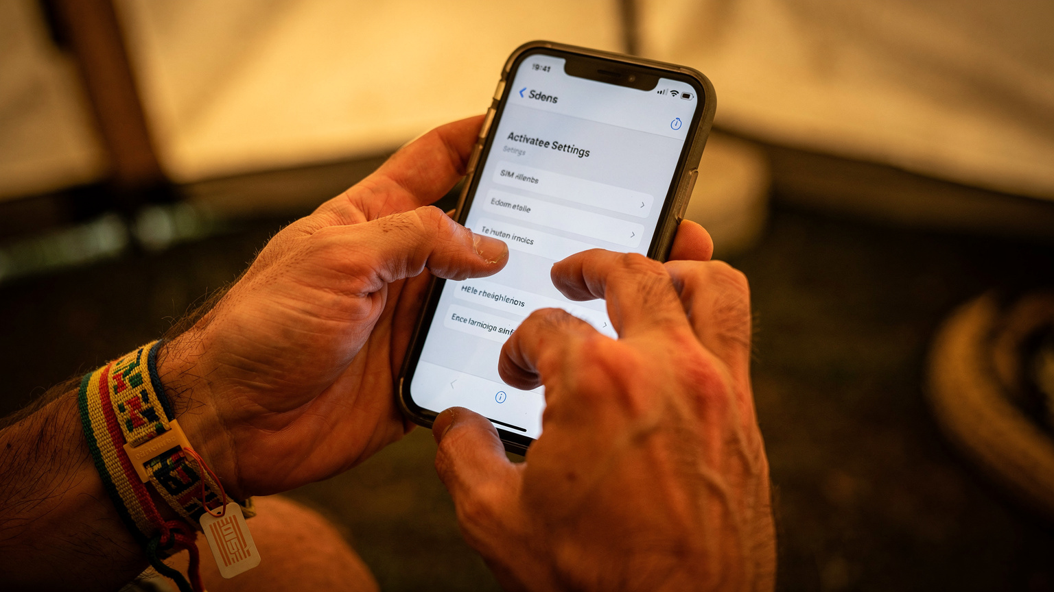 Nærbillede af hænder, der holder en smartphone og navigerer gennem indstillingsmenuen for at aktivere et eSIM, med et festivalarmbånd synligt på håndleddet.