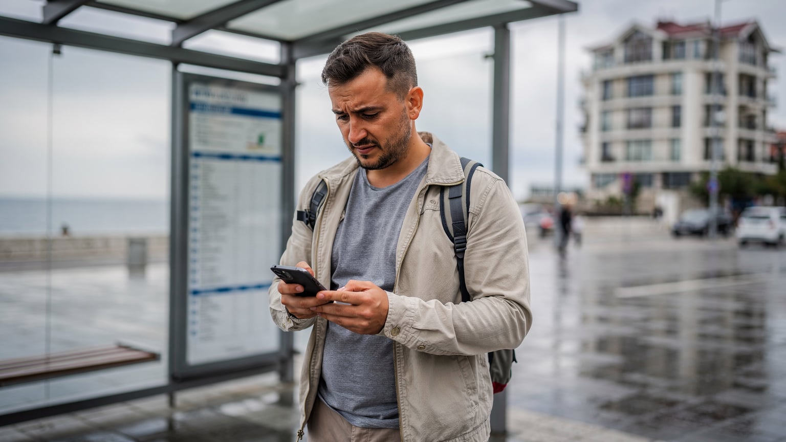 Batum'da bir otobüs durağında bekleyen bir gezgin, telefonundan internet hız testi yapıyor, ekranında sonuçlar görünüyor.