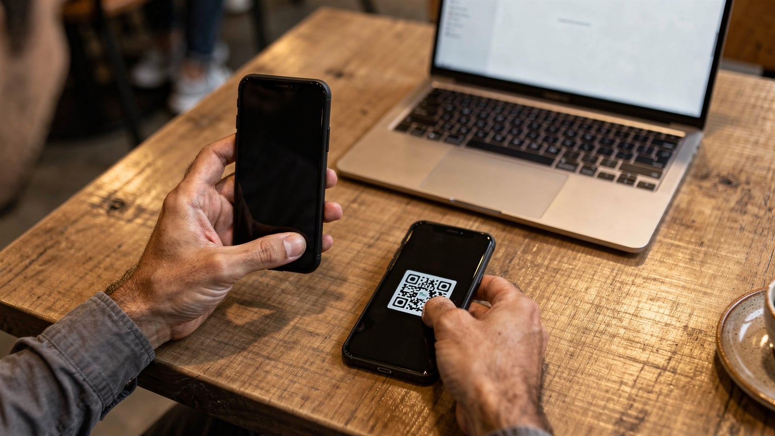 Bir dijital göçebe, Tiflis'teki bir kafede, laptopu açıkken telefonuna eSIM yüklemek için QR kodu tarıyor.