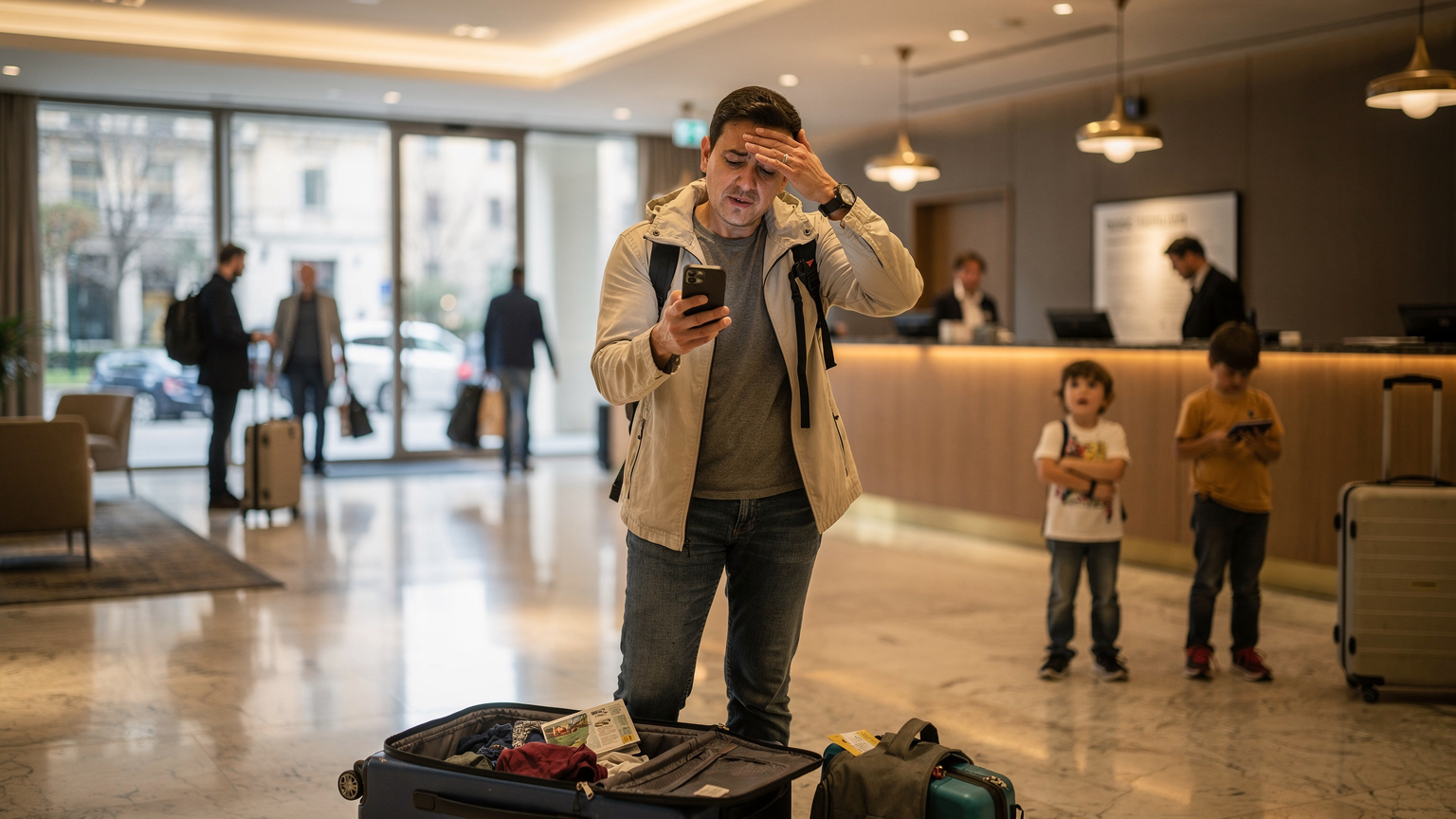 Un genitore frustrato si tocca la fronte mentre cerca di risolvere un problema con lo smartphone in una hall d'hotel affollata, con bagagli aperti e bambini irrequieti.